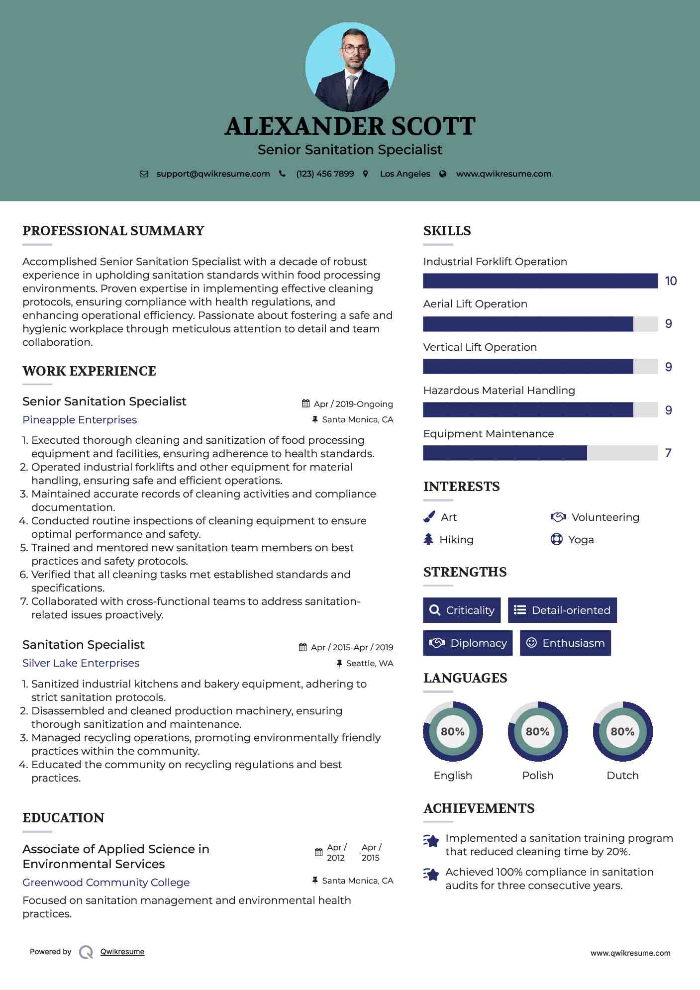 Senior Sanitation Specialist Resume Format