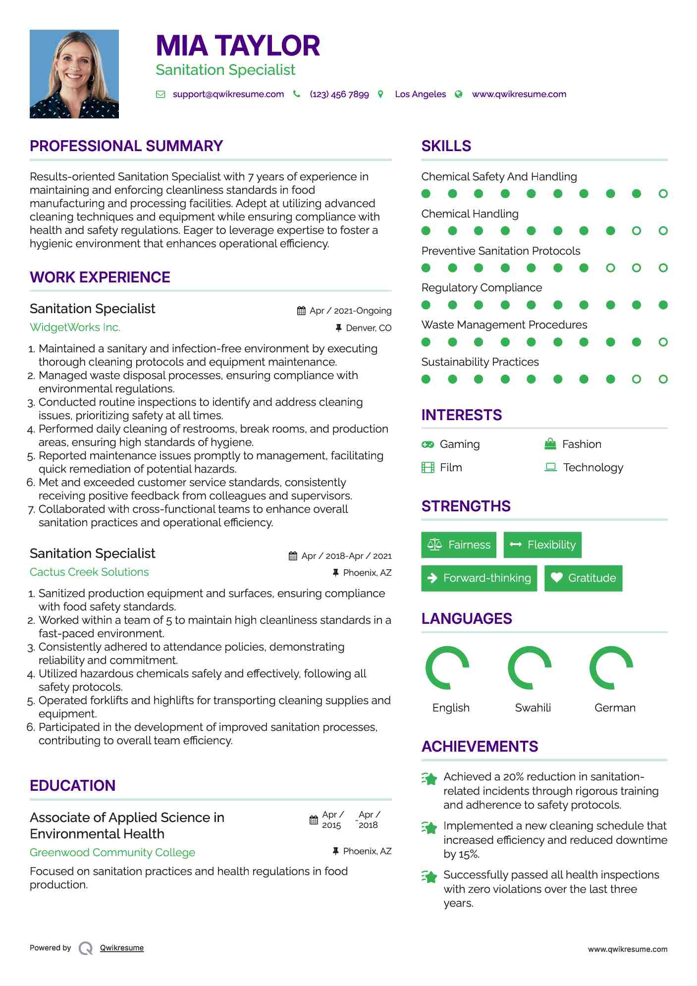 Sanitation Specialist Resume Sample
