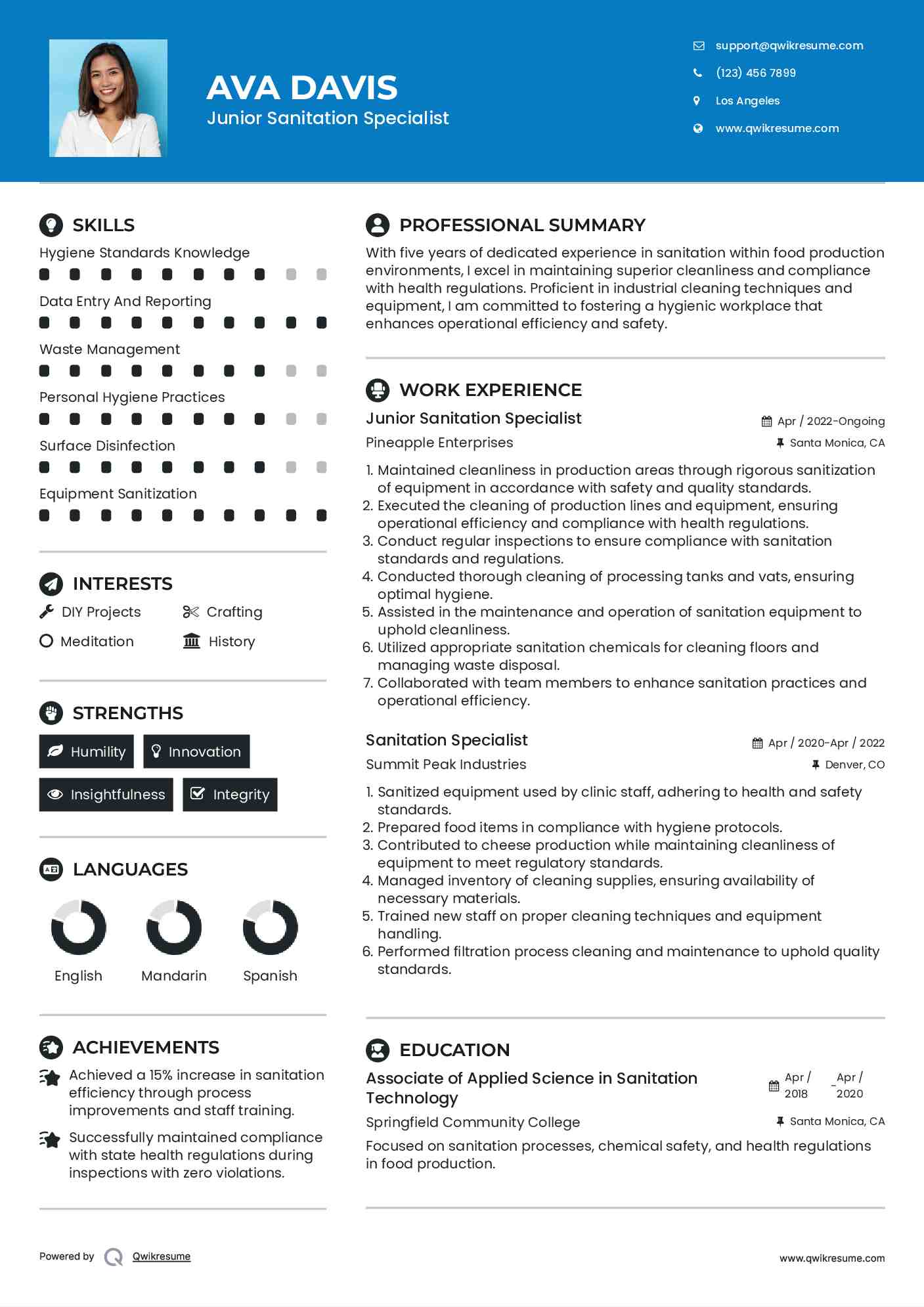 Junior Sanitation Specialist Resume Format
