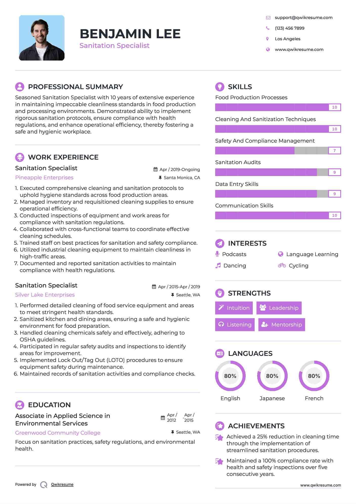 Sanitation Specialist Resume Model