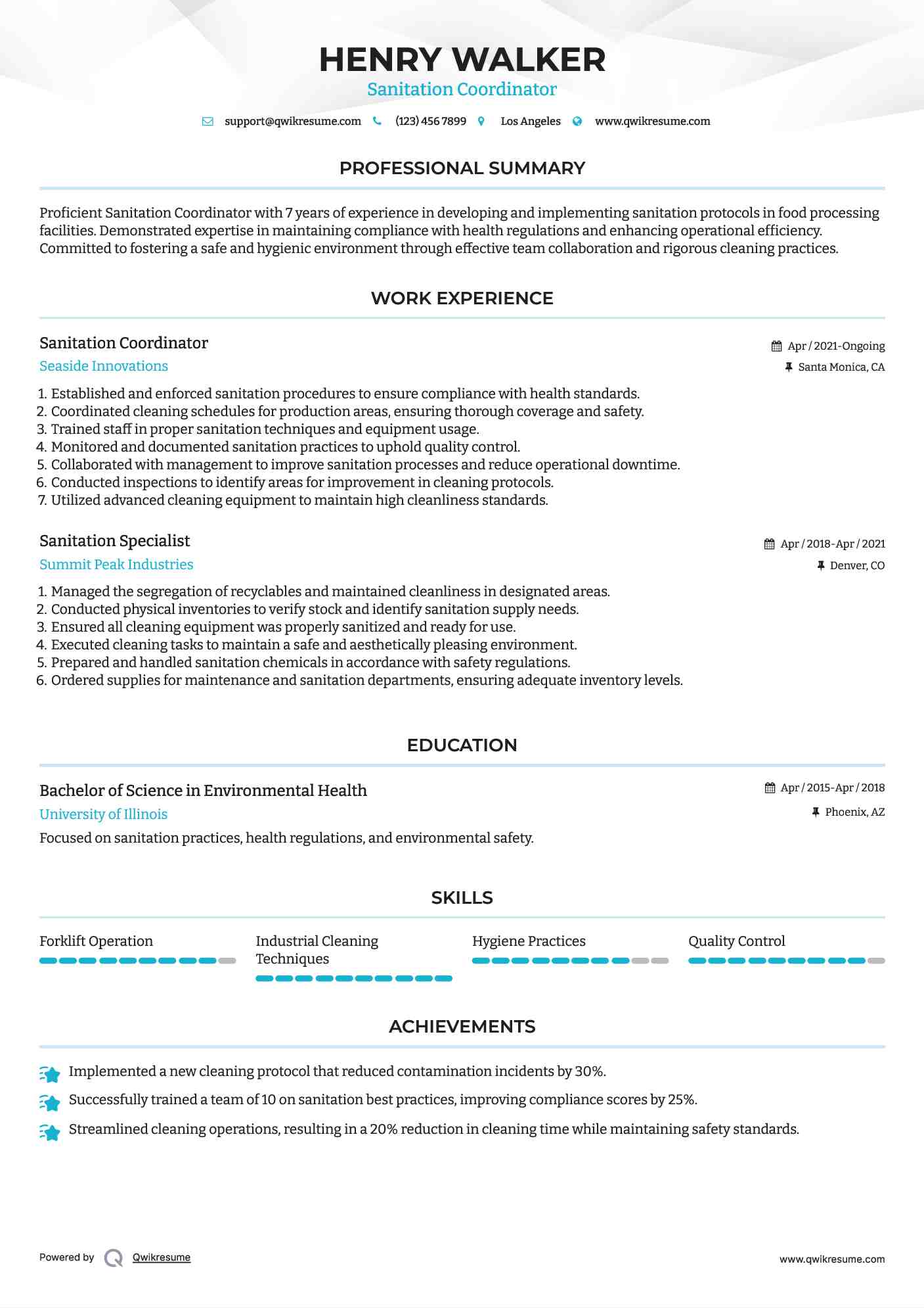 Sanitation Coordinator Resume Format