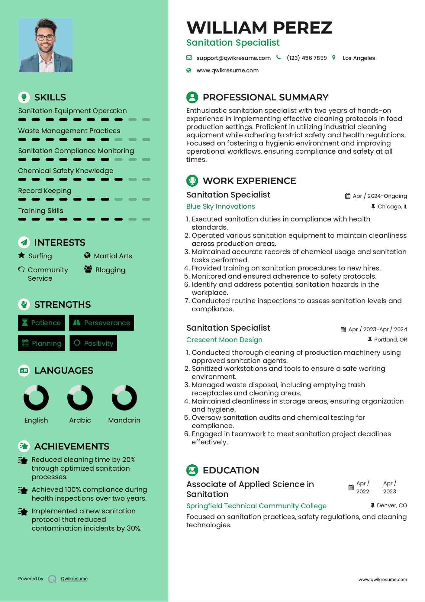 Sanitation Specialist Resume Template