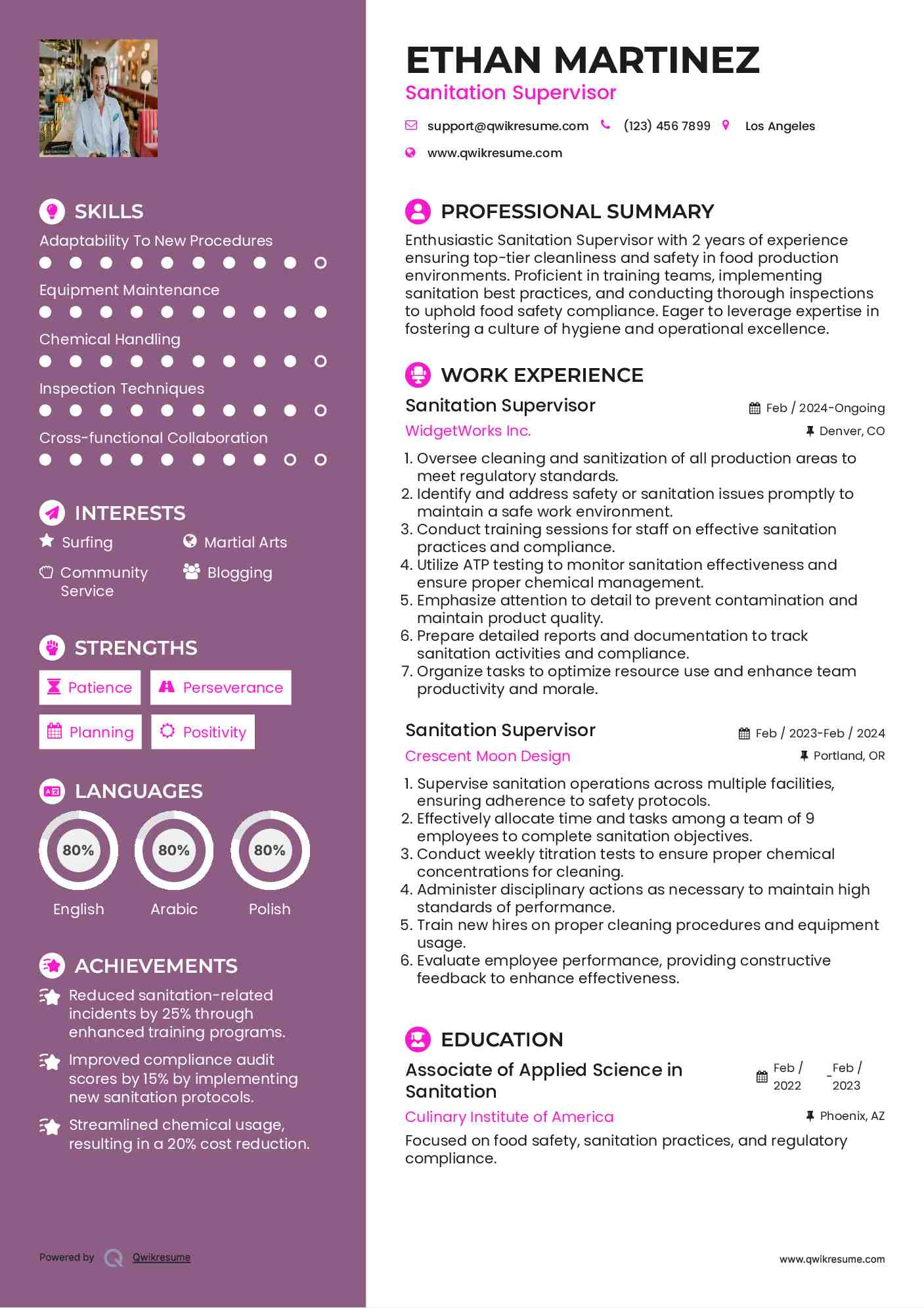 Sanitation Supervisor Resume Sample