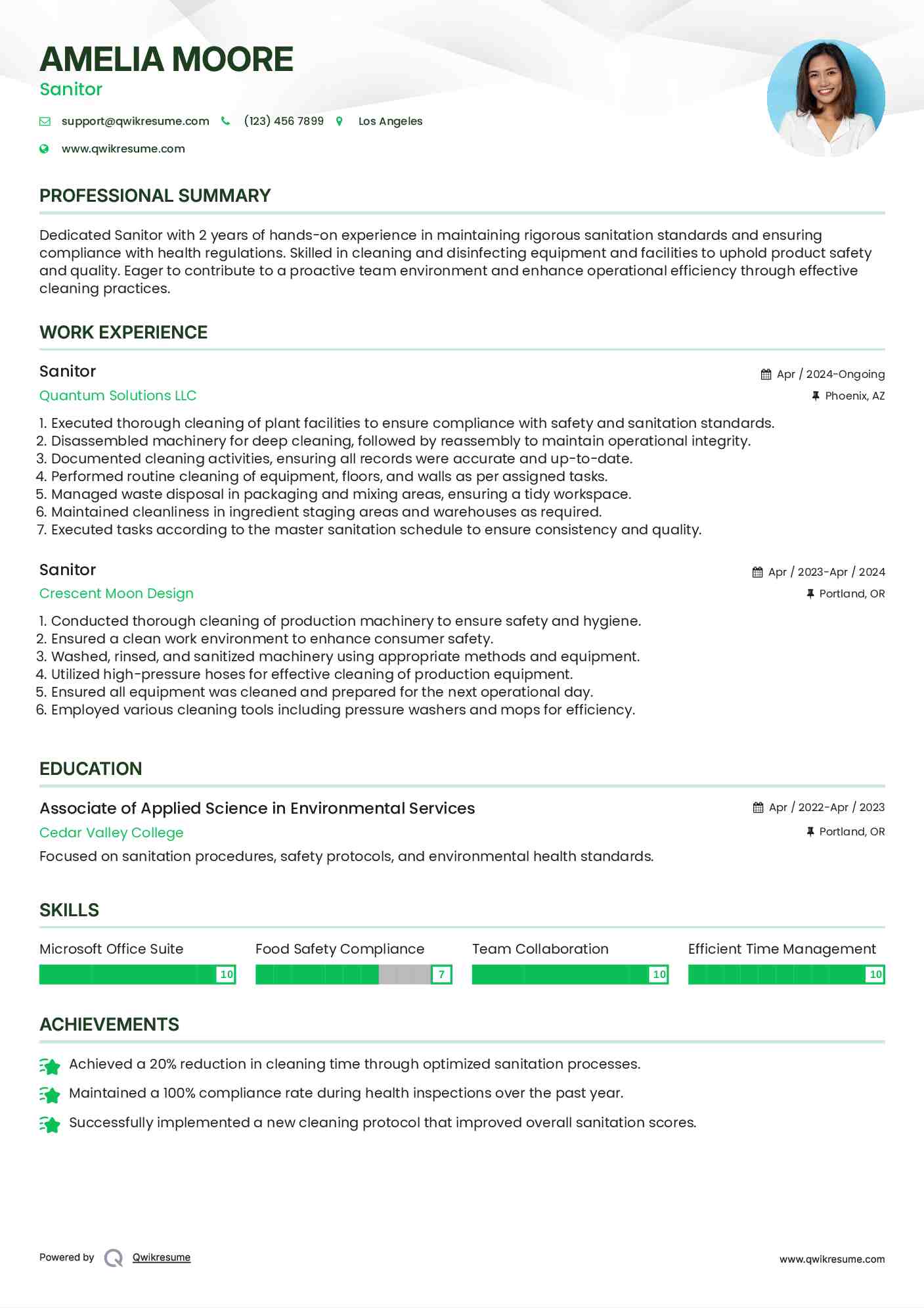 Sanitor Resume Sample