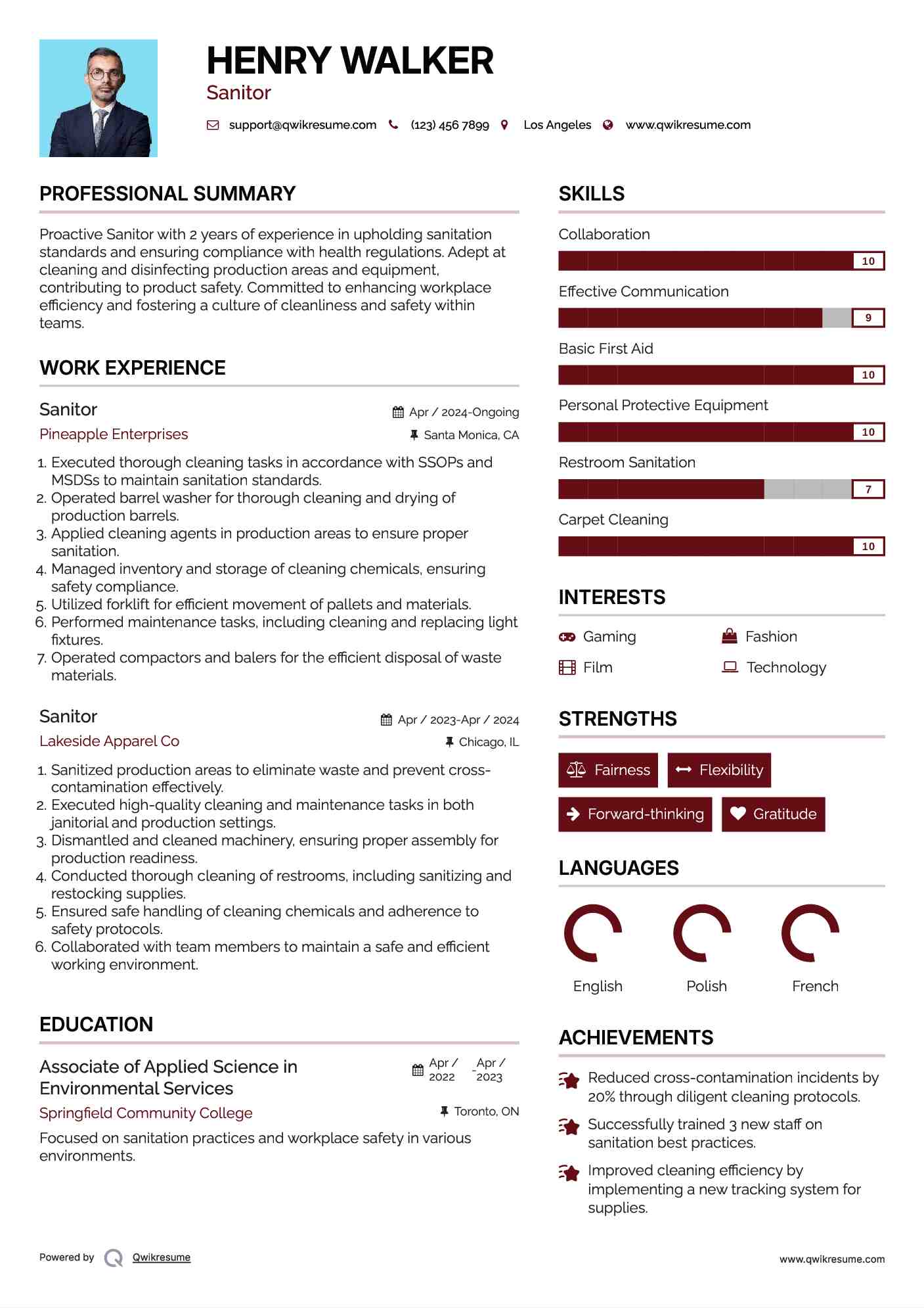 Sanitor Resume Format