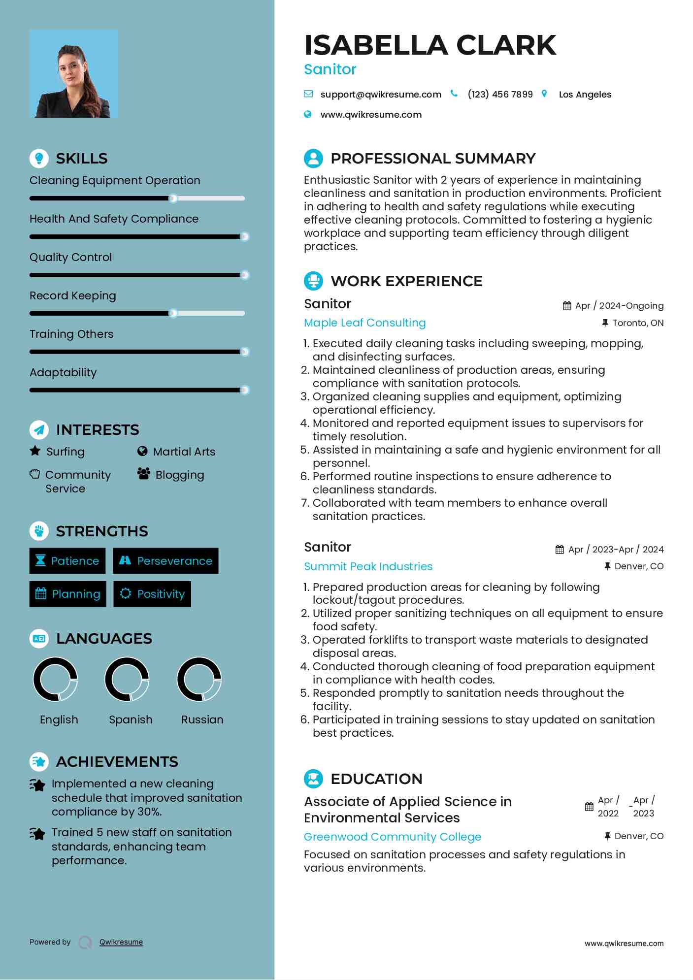 Sanitor Resume Sample