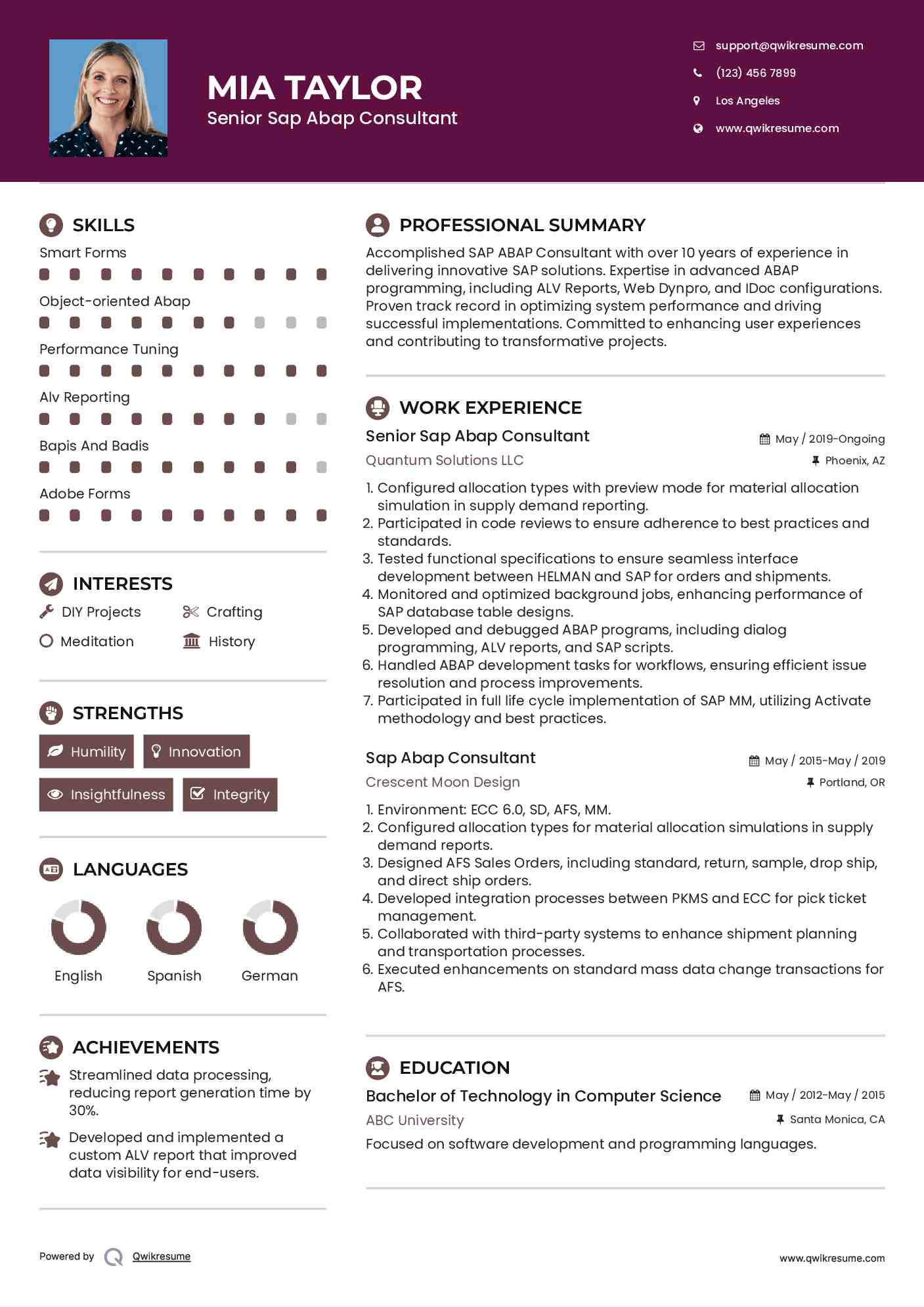 Senior Sap Abap Consultant  Resume Template