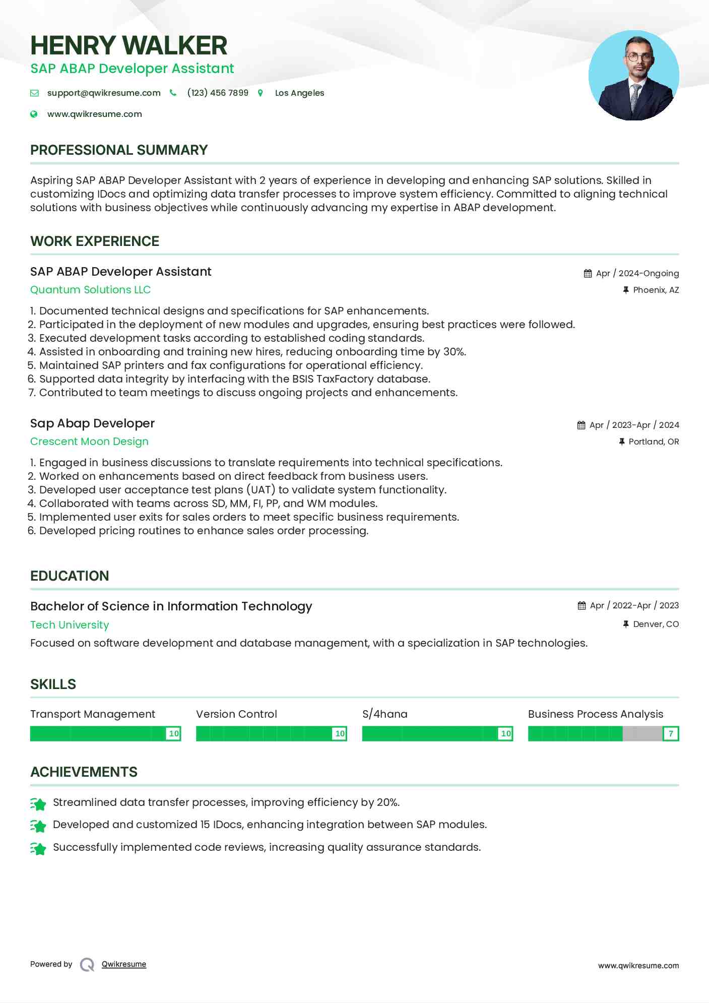 Assistant Sap Abap Developer Resume Sample