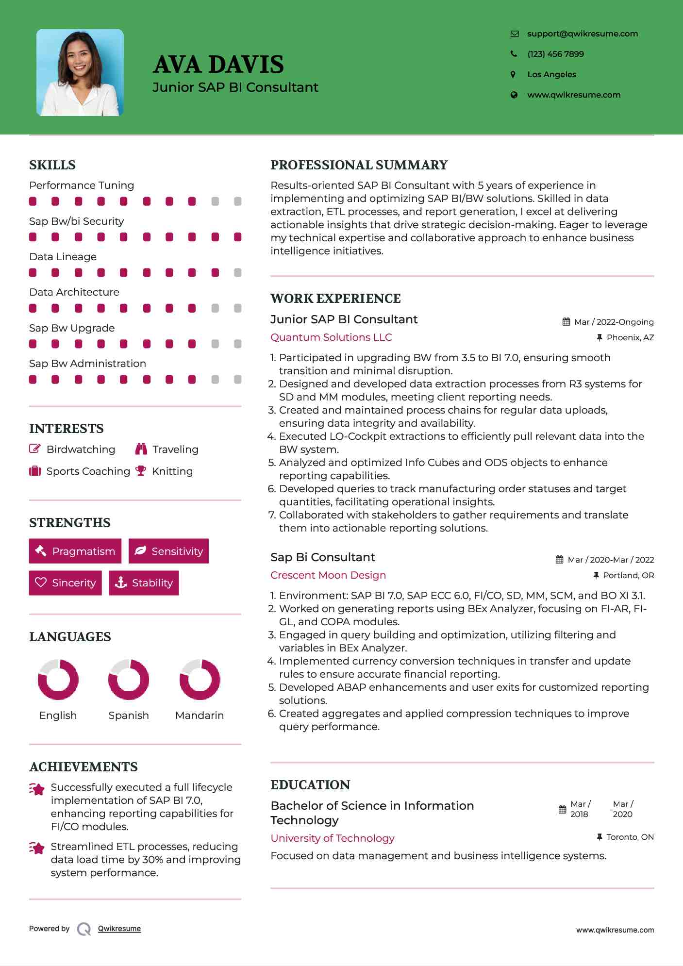 Junior SAP BI Consultant Resume Template