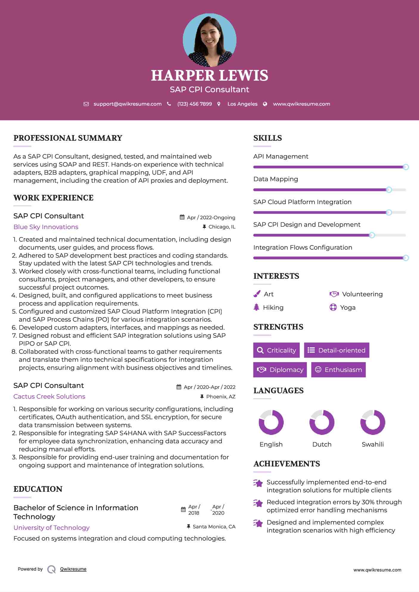 SAP CPI Consultant Resume Example