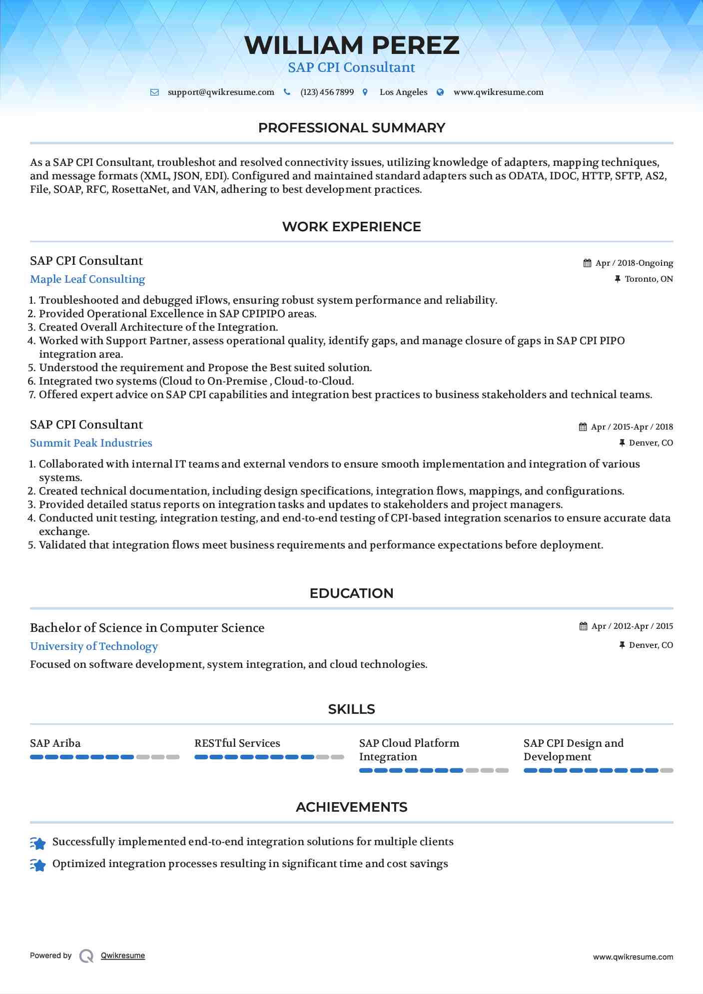 SAP CPI Consultant Resume Example