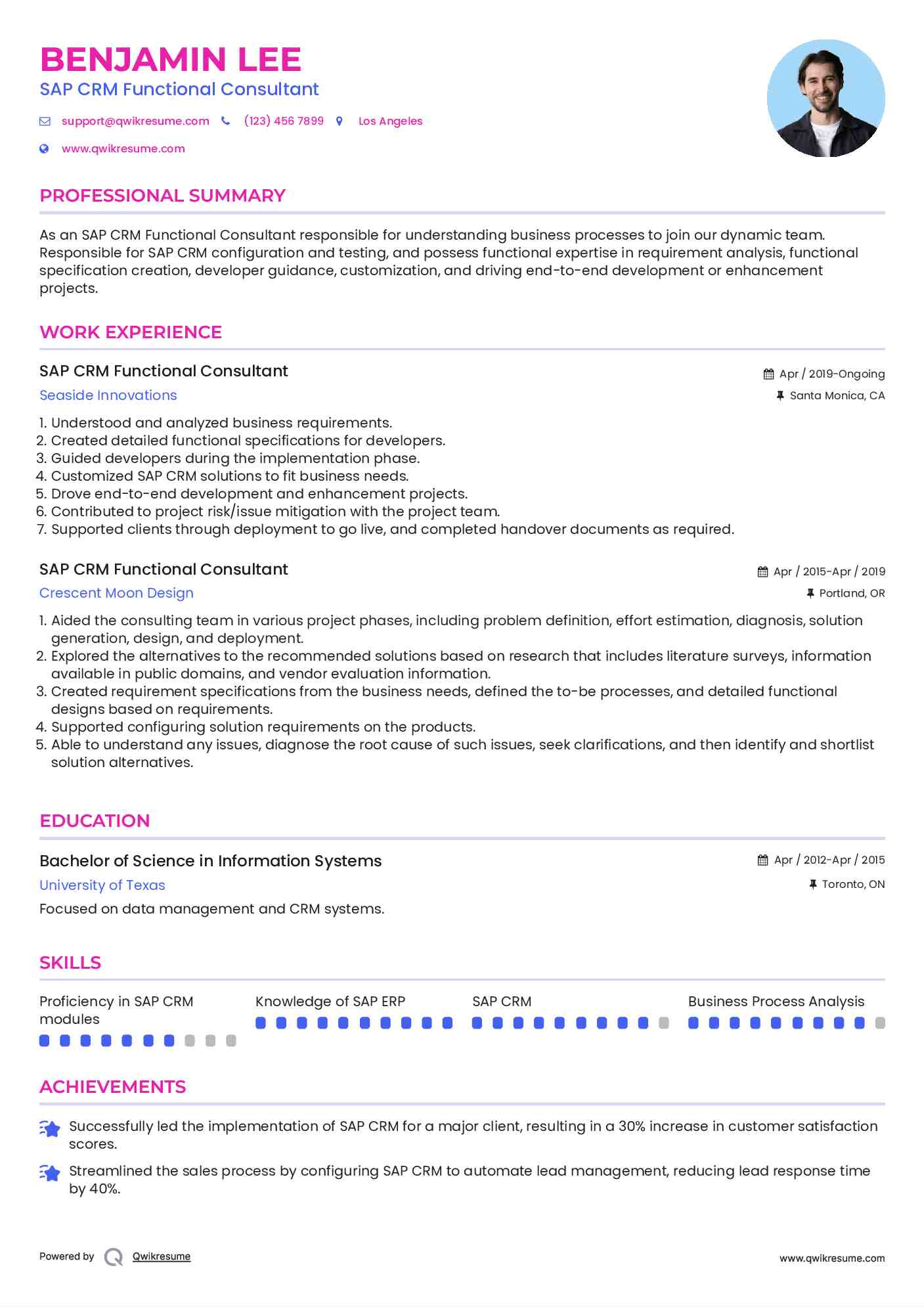 SAP CRM Functional Consultant Resume Sample