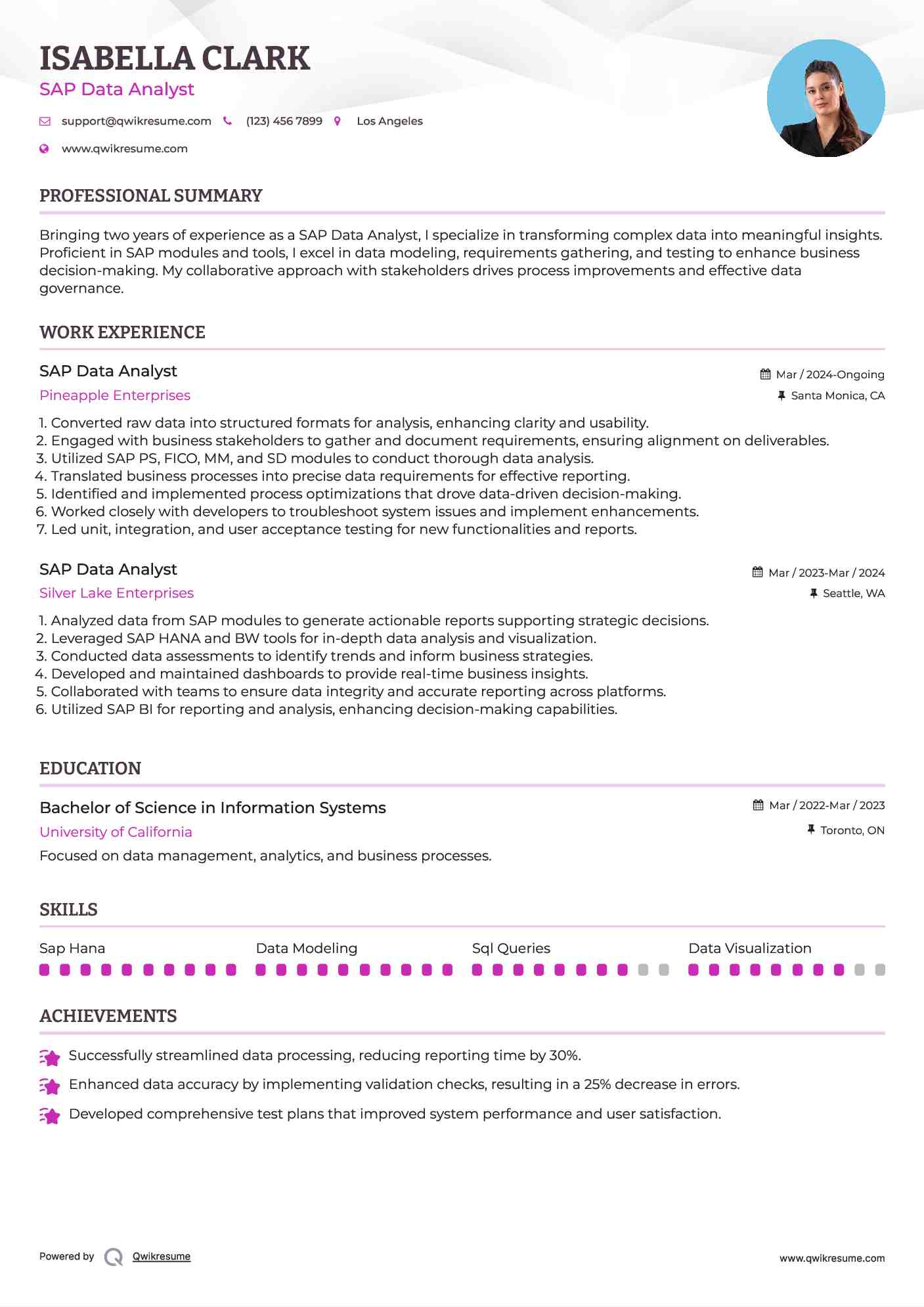 SAP Data Analyst Resume Model