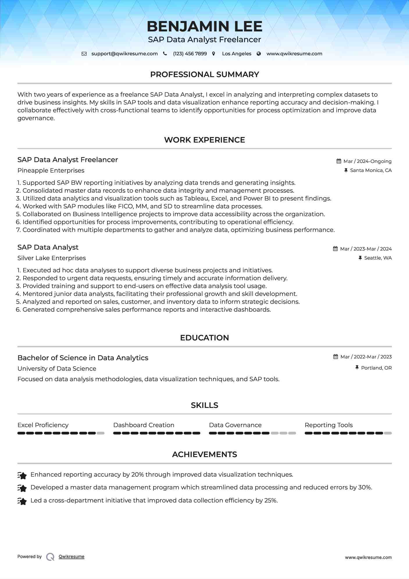 SAP Data Analyst Freelancer Resume Example