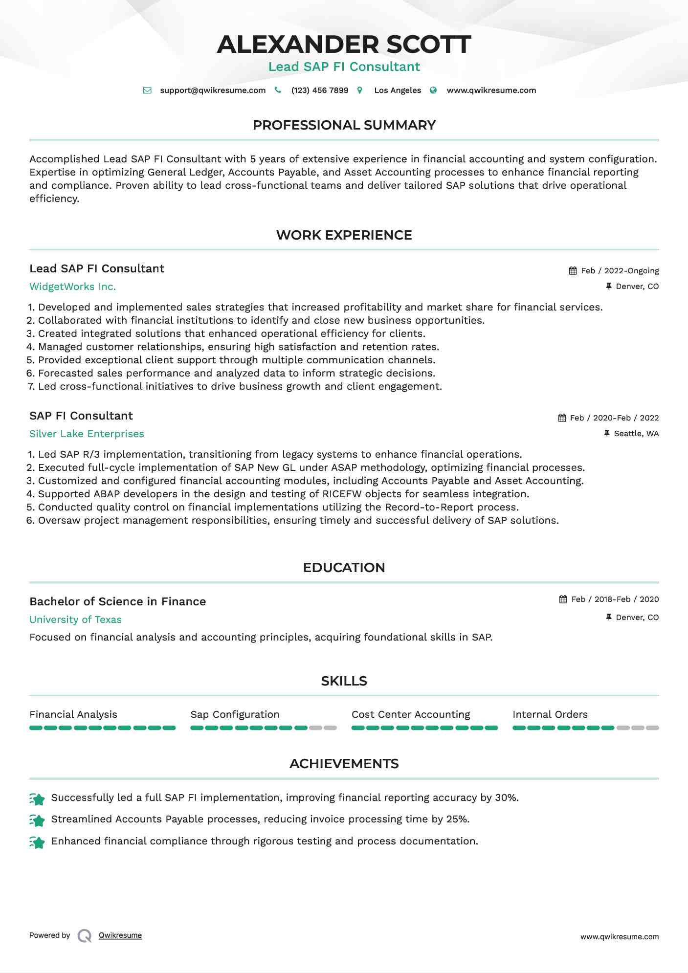 Lead SAP FI Consultant Resume Model