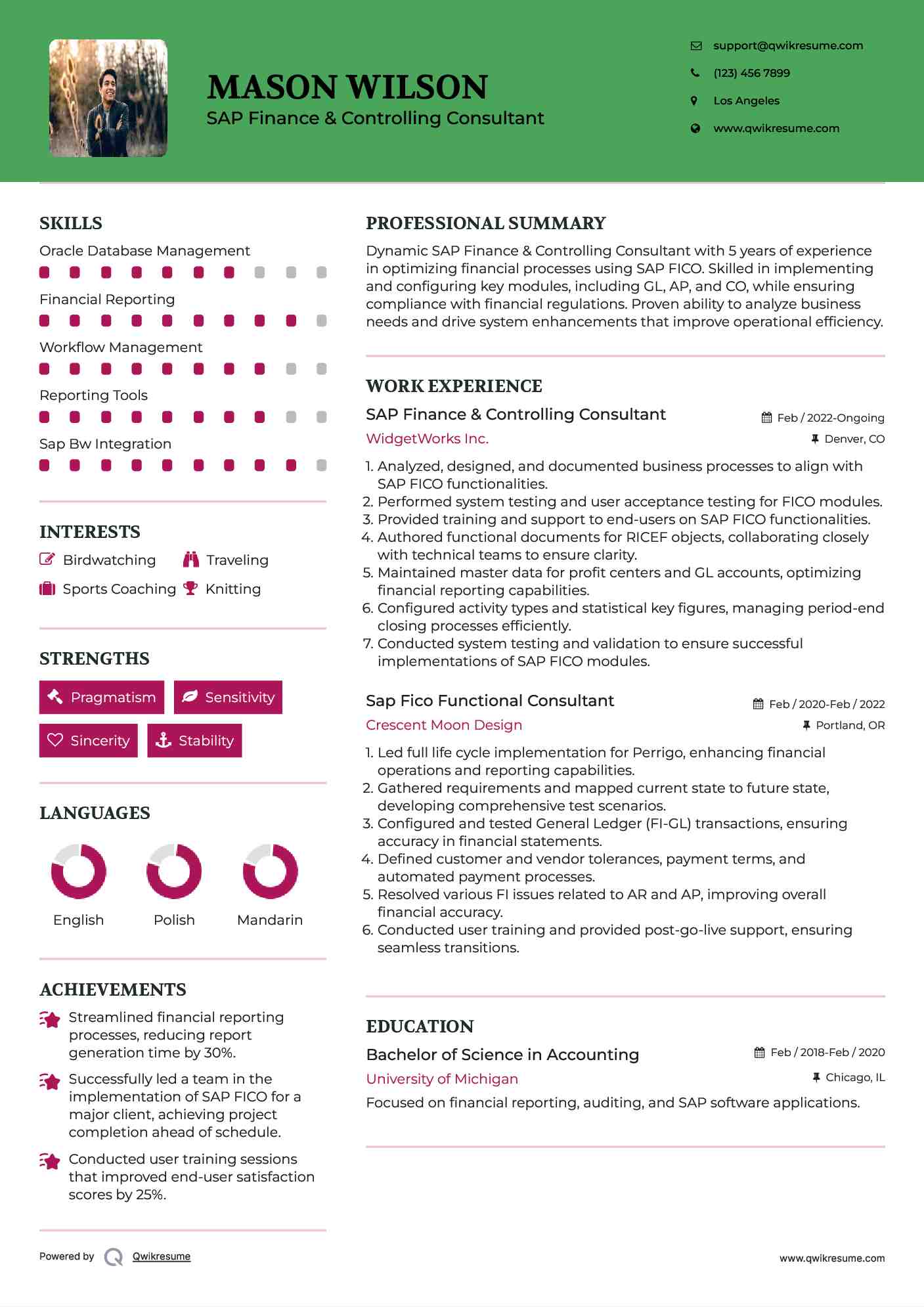 SAP Finance & Controlling Consultant Resume Format