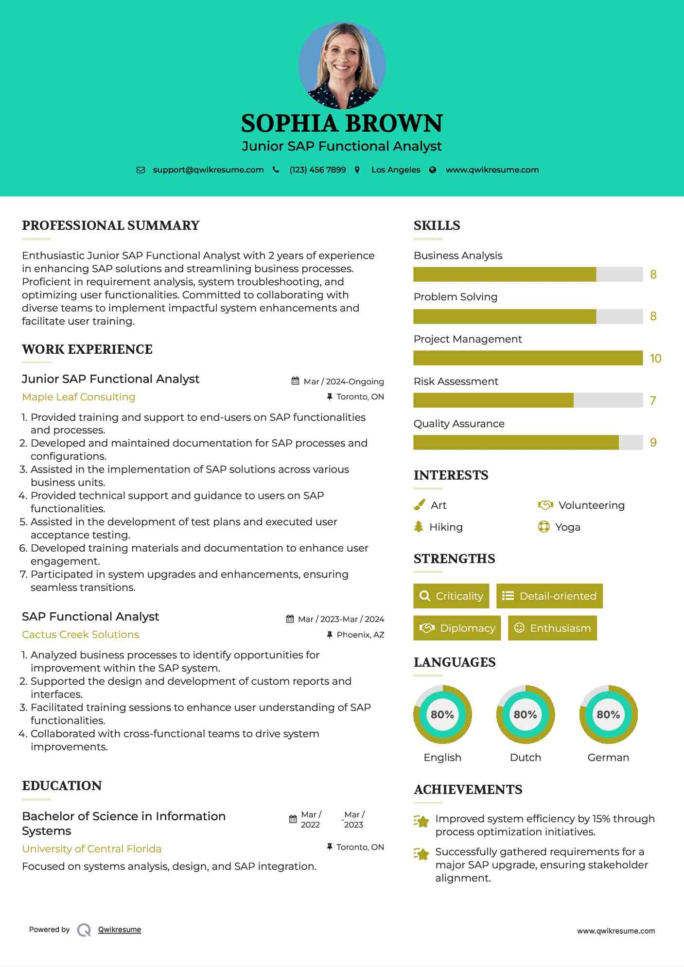 Junior SAP Functional Analyst Resume Example