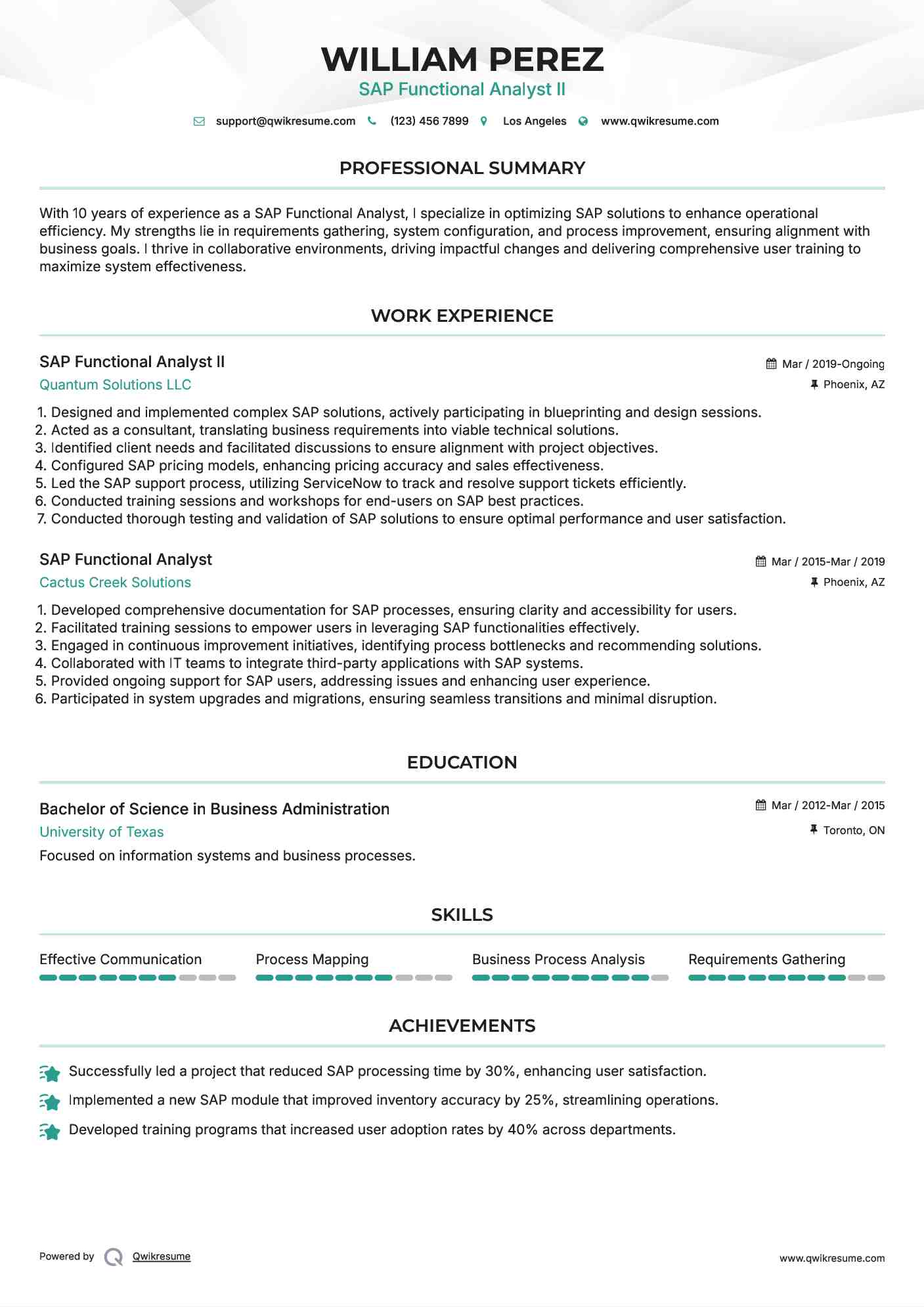 SAP Functional Analyst II
 Resume Sample