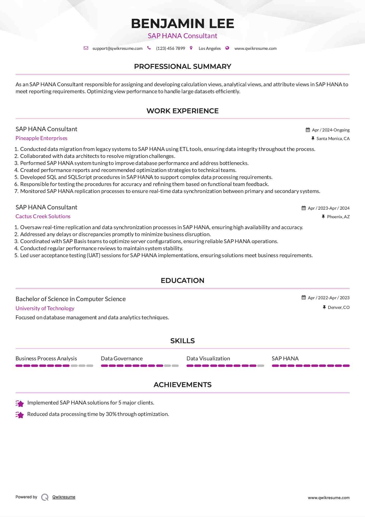 SAP HANA Consultant Resume Sample