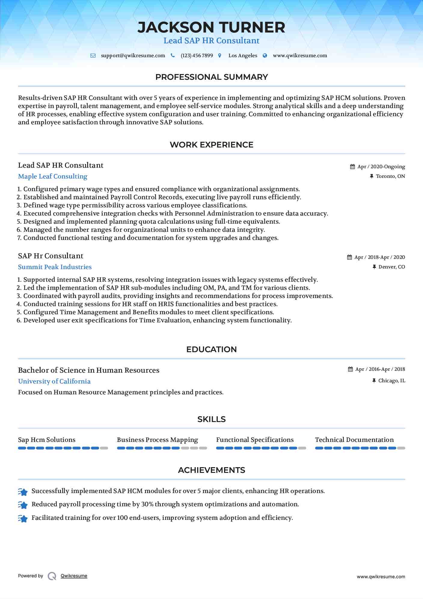 Lead SAP HR Consultant Resume Template