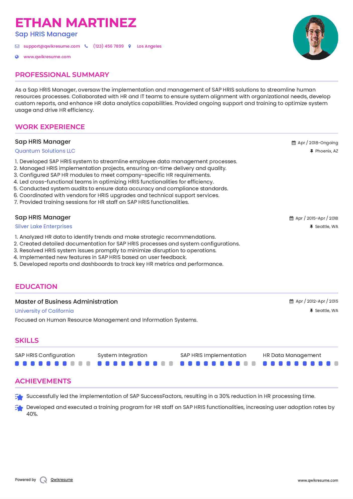 Sap HRIS Manager Resume Model