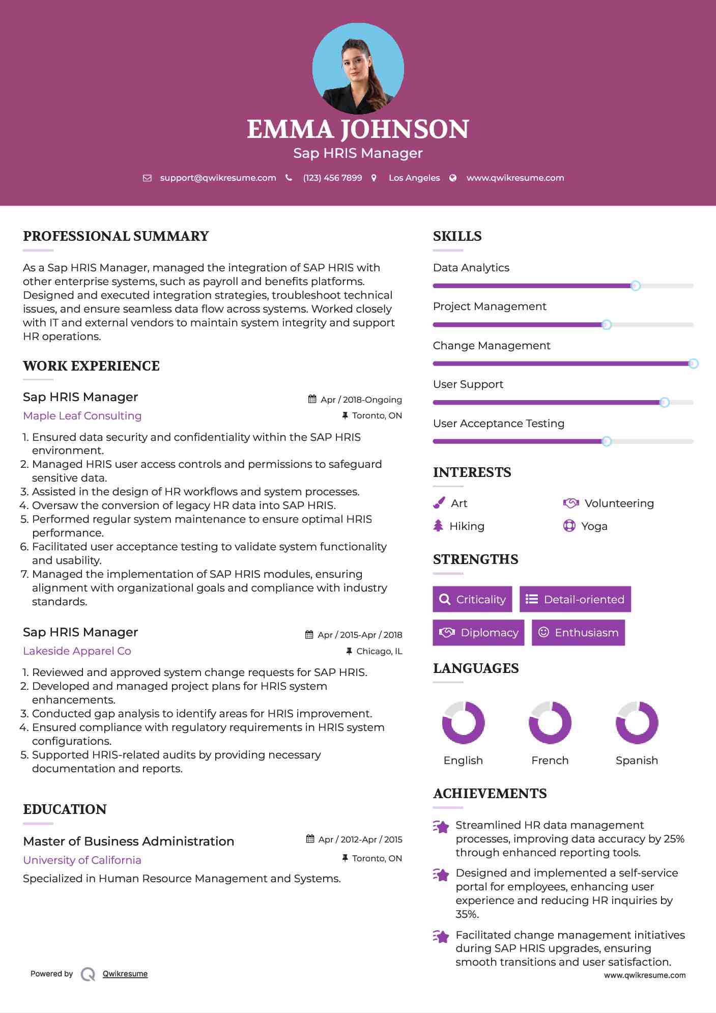Sap HRIS Manager Resume Sample