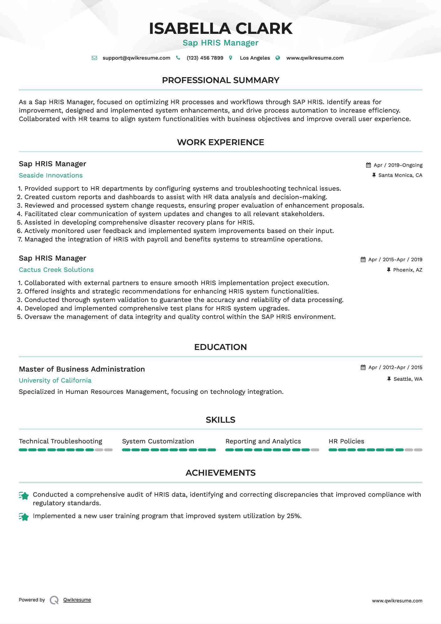 Sap HRIS Manager Resume Sample