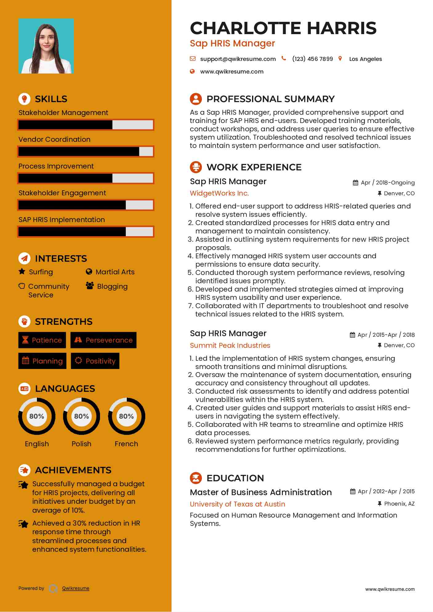 Sap HRIS Manager Resume Sample