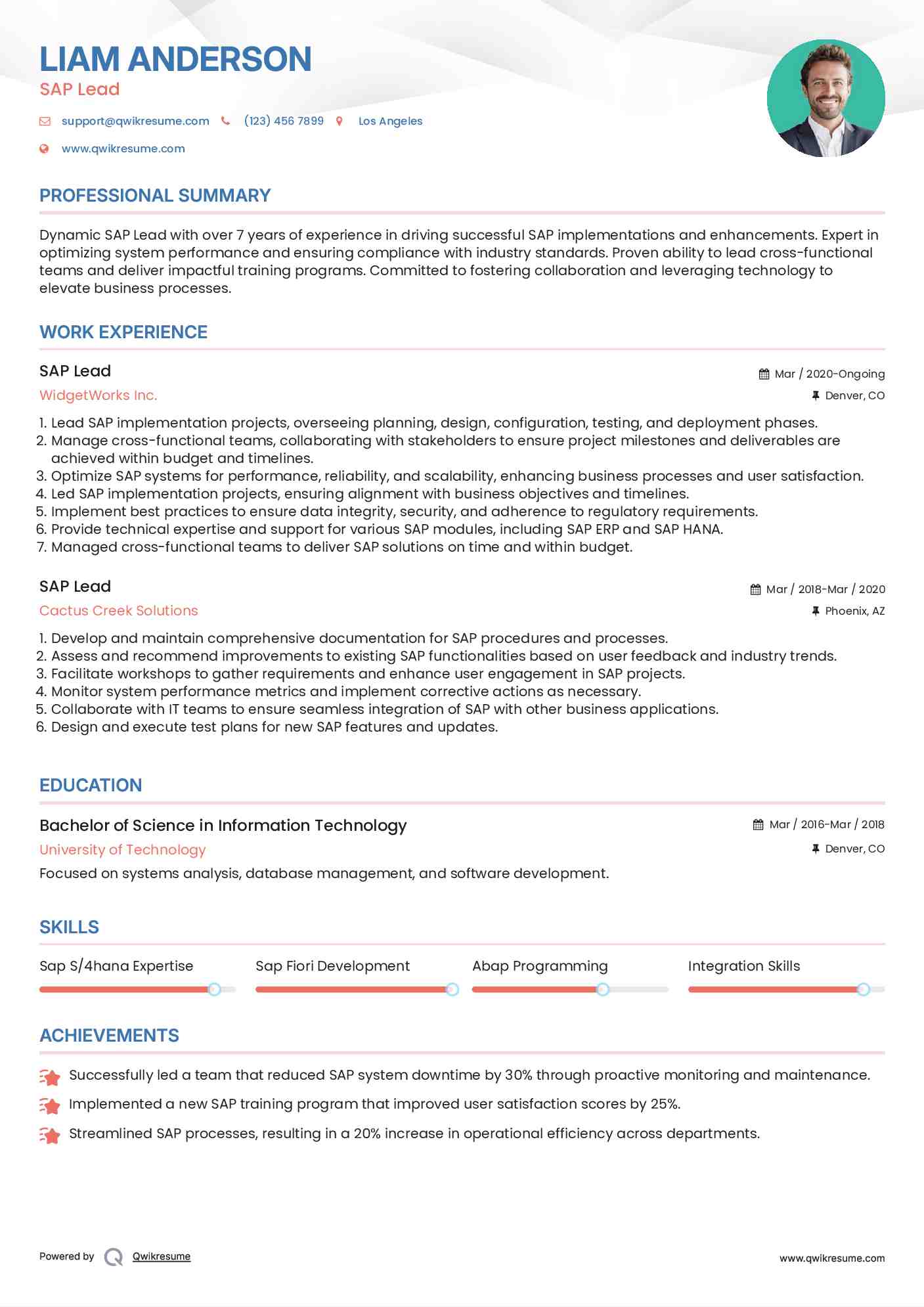 SAP Lead Resume Example