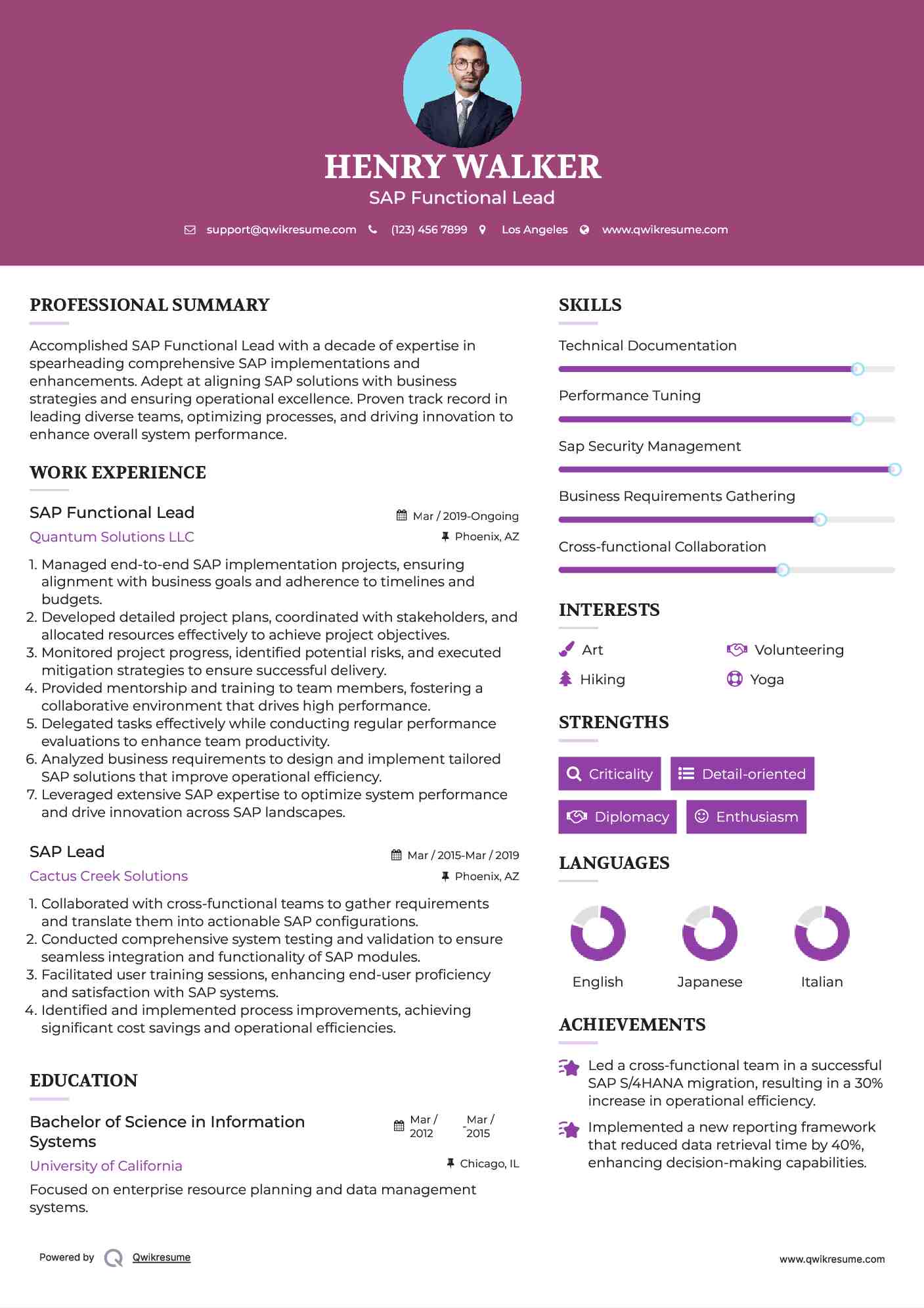 SAP Functional Lead Resume Sample