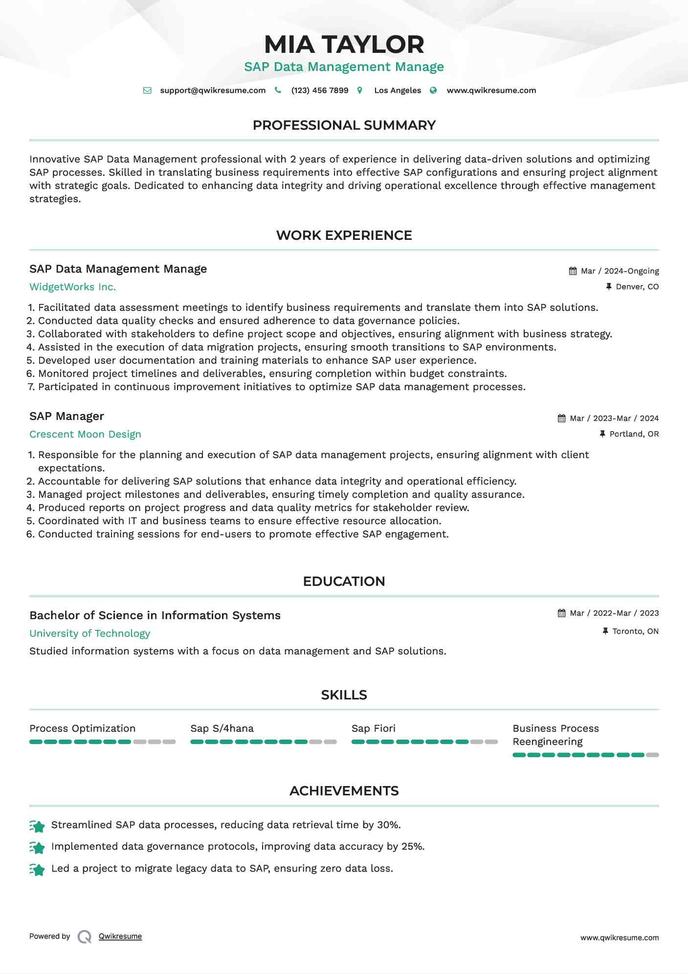 SAP Data Management Manage Resume Template