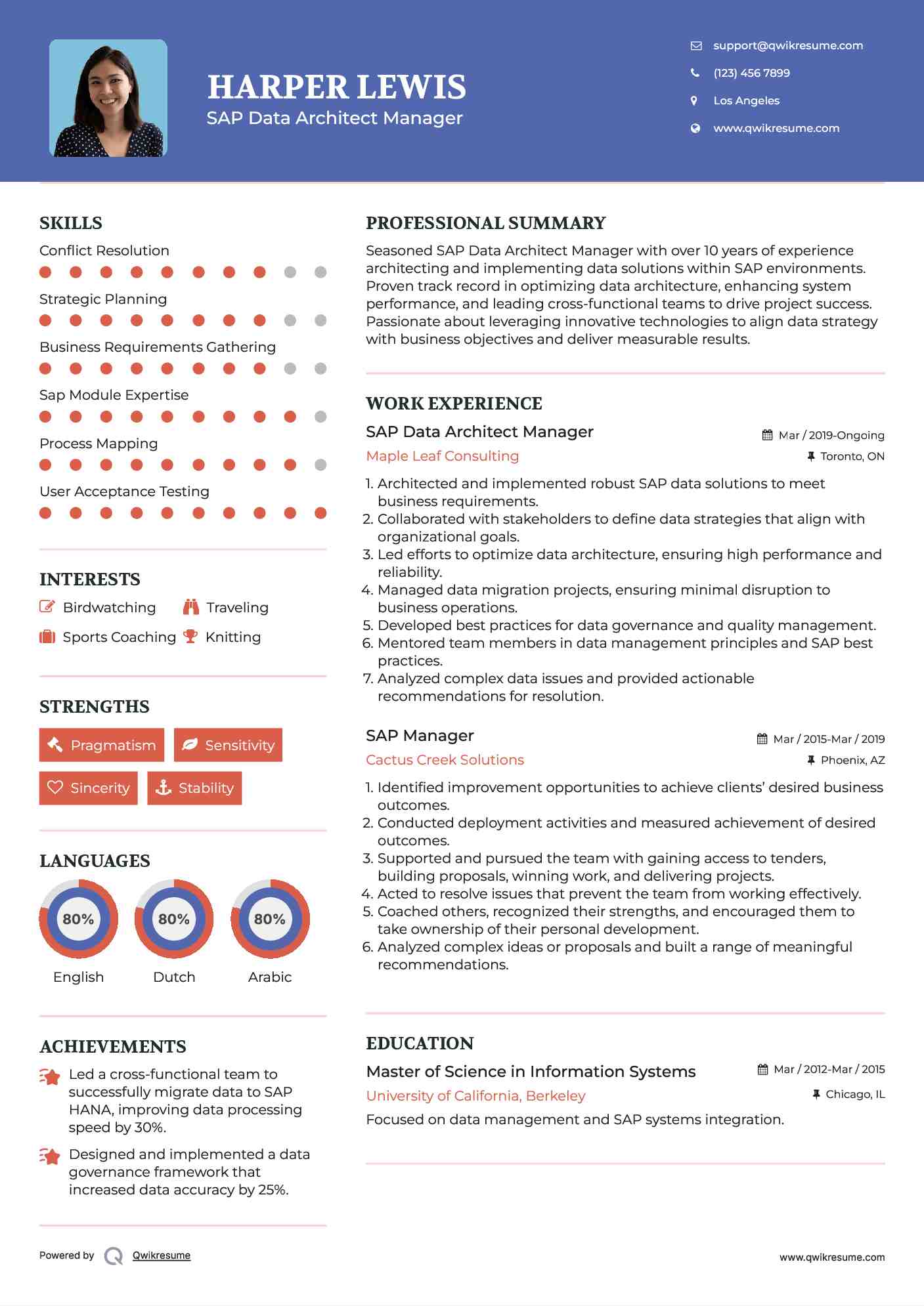 SAP Data Architect Manager Resume Model