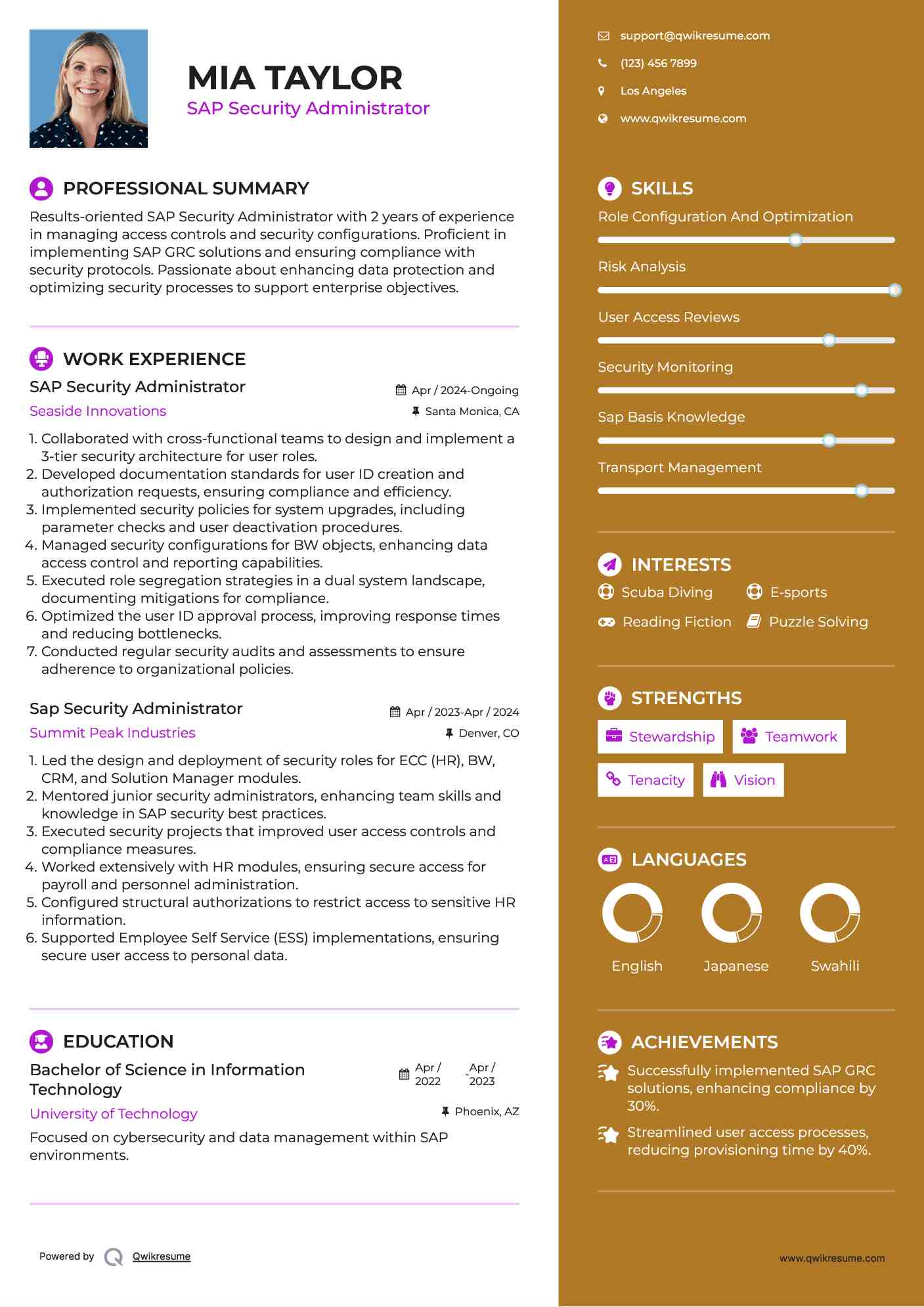SAP Security Administrator Resume Model
