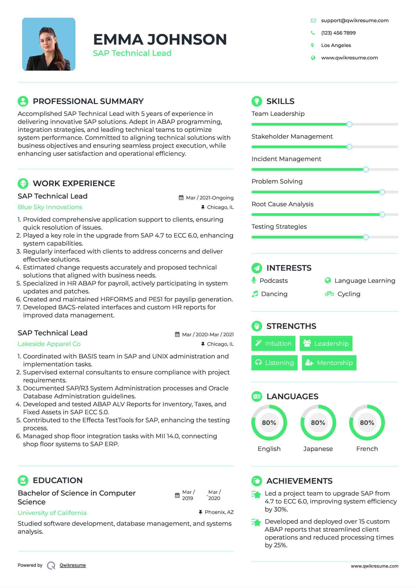 SAP Technical Lead Resume Example
