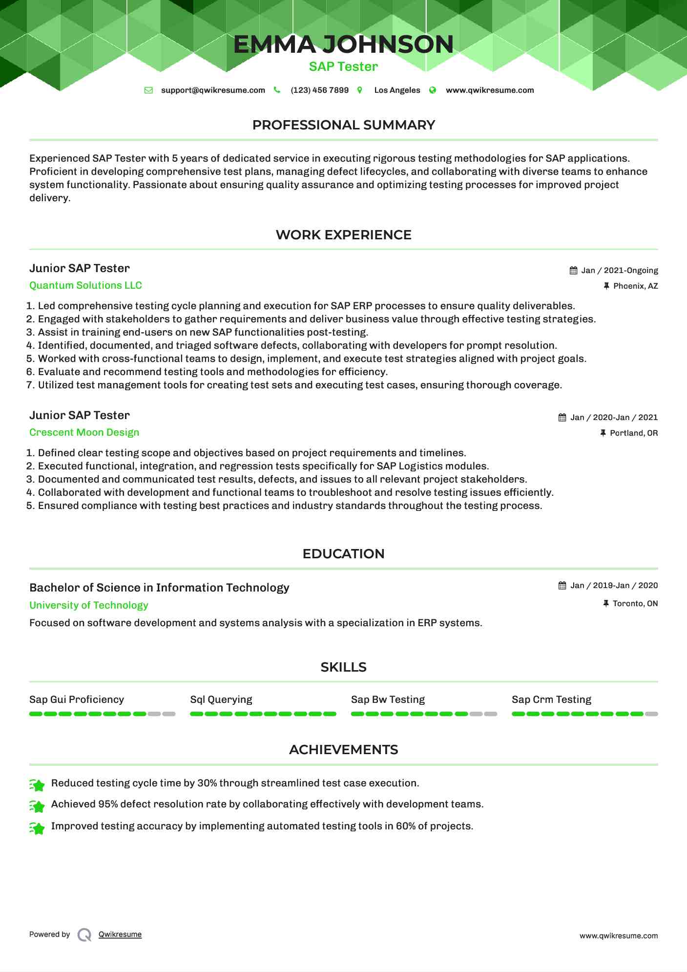 Junior SAP Tester Resume Template