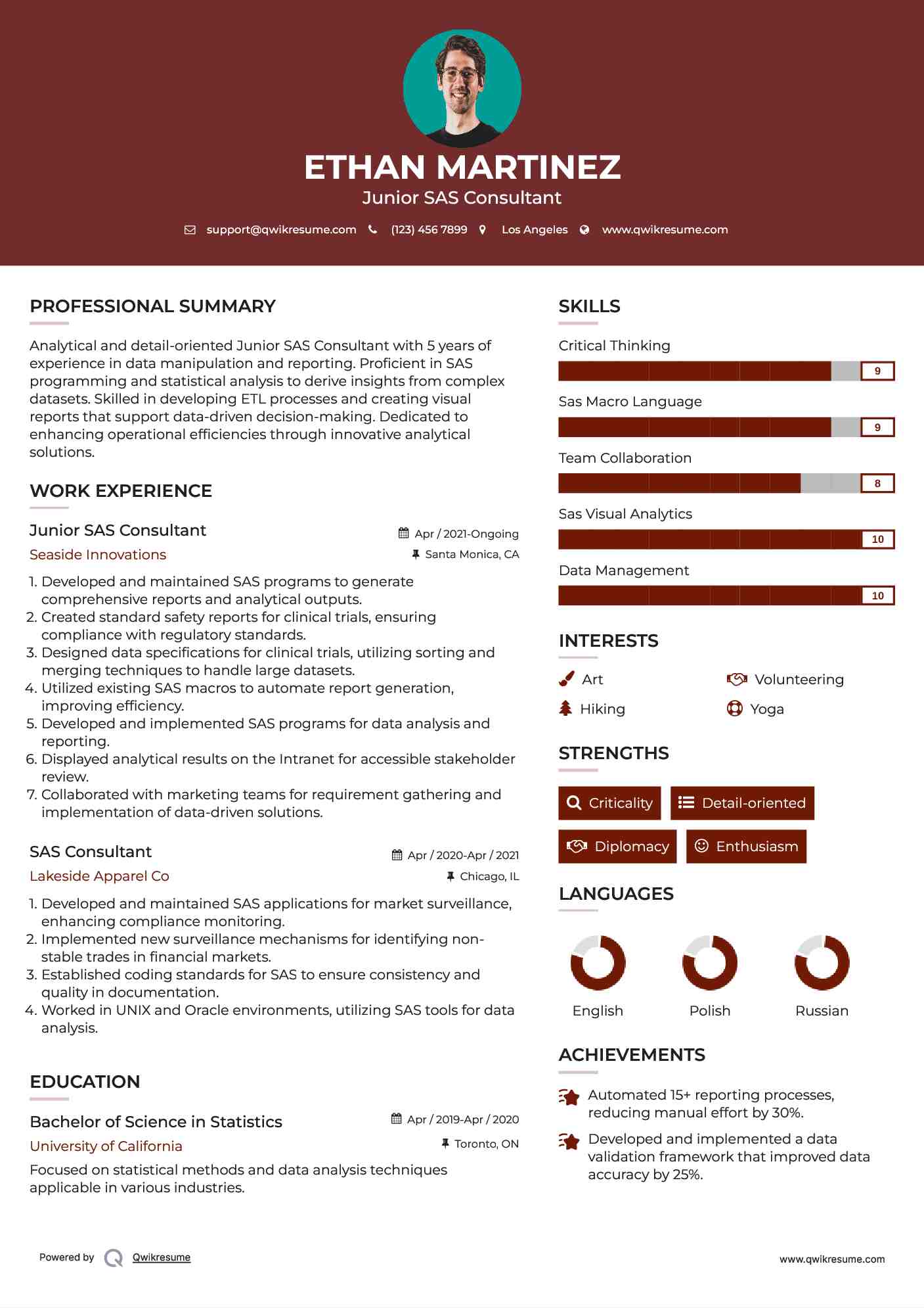 Junior SAS Consultant Resume Sample