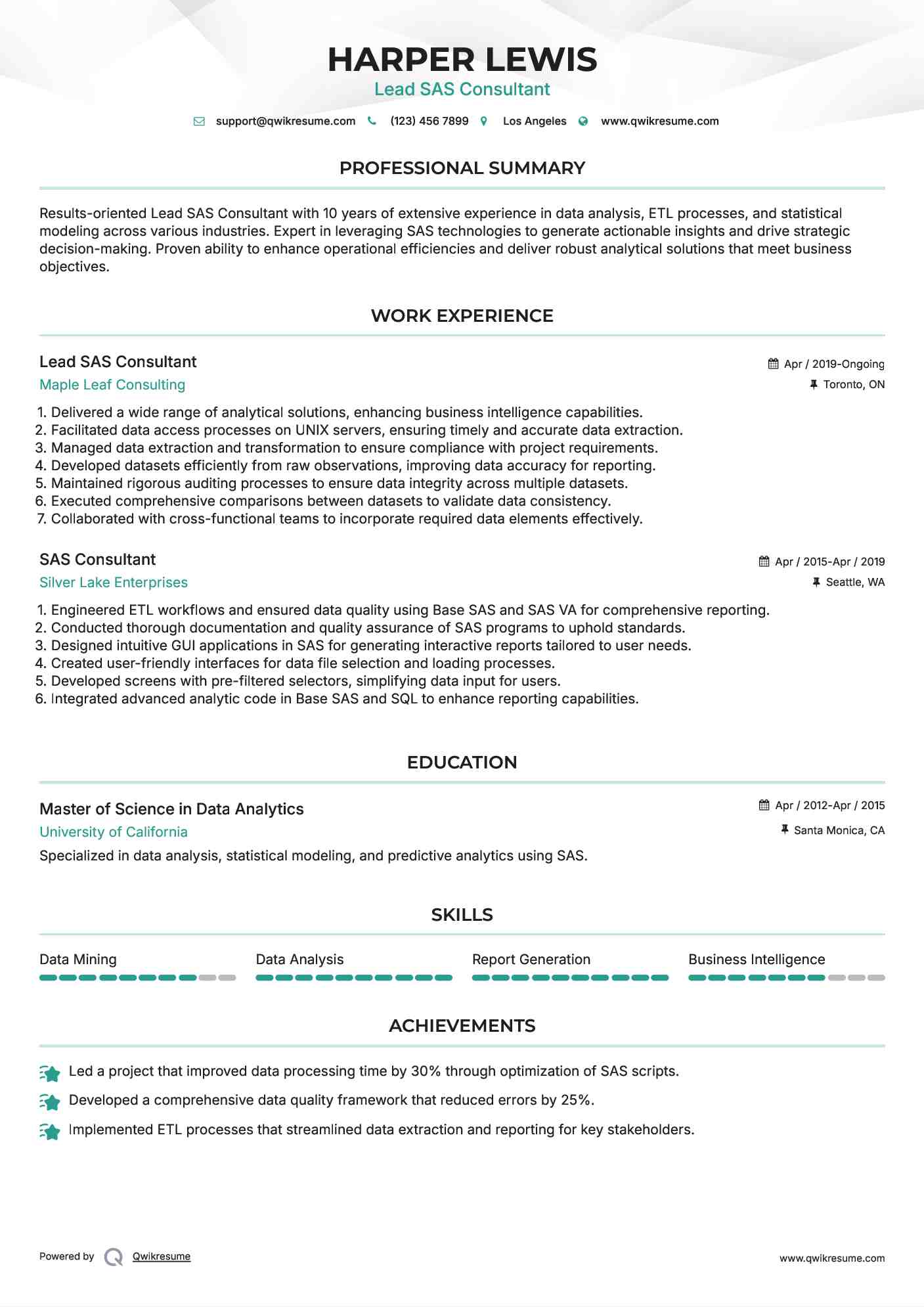 Lead SAS Consultant Resume Example