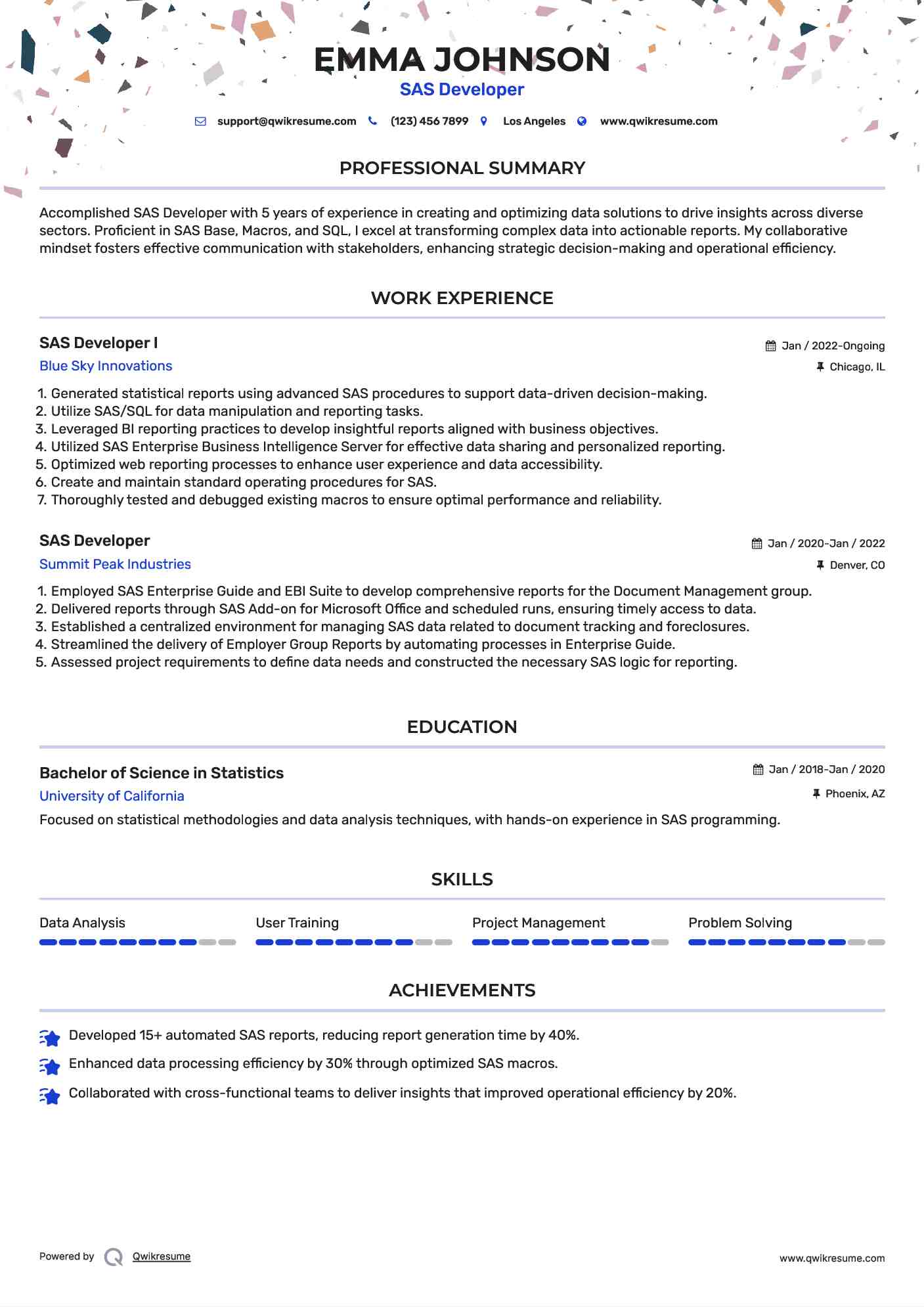 SAS Developer I Resume Example