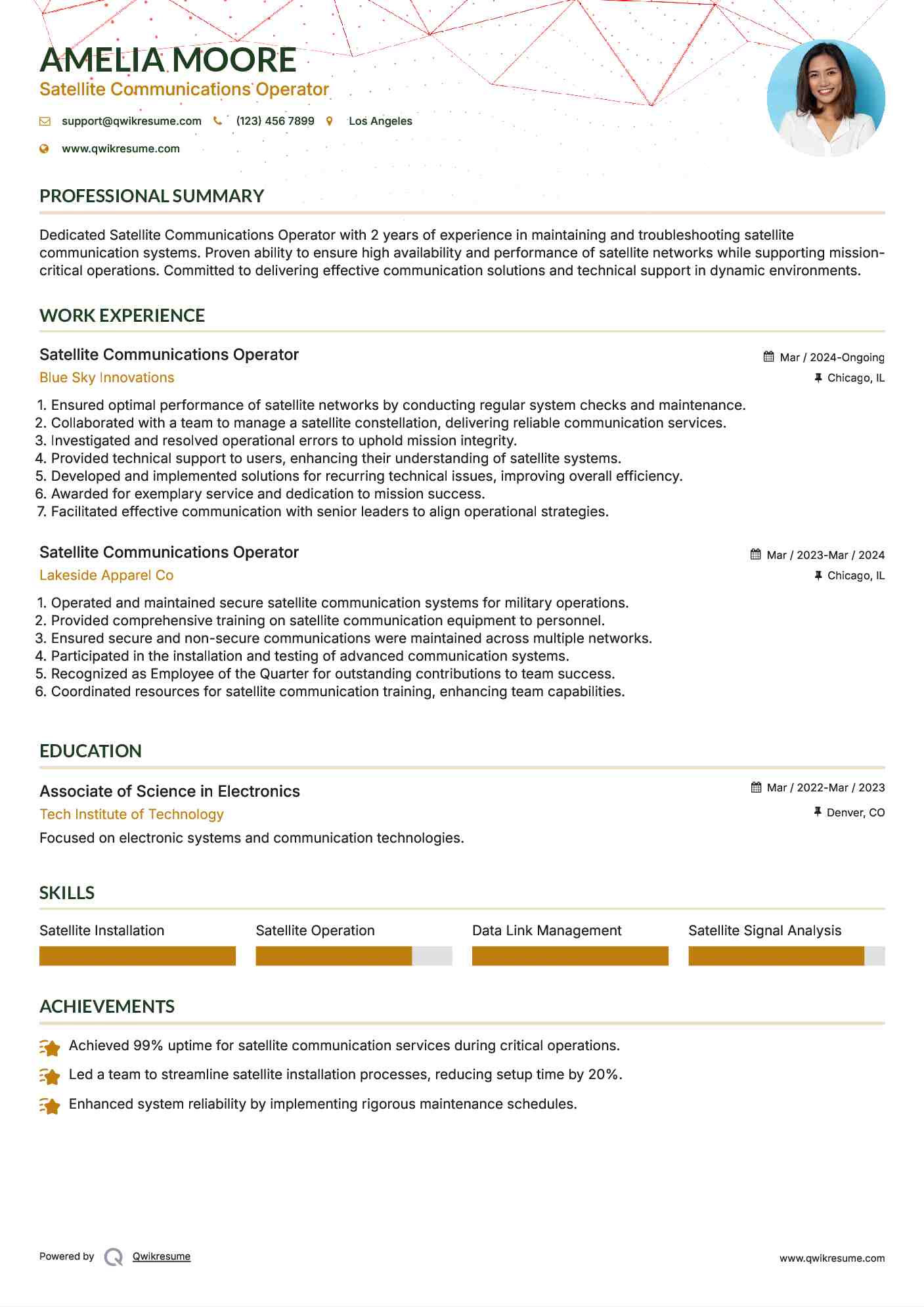 Satellite Communications Operator Resume Example