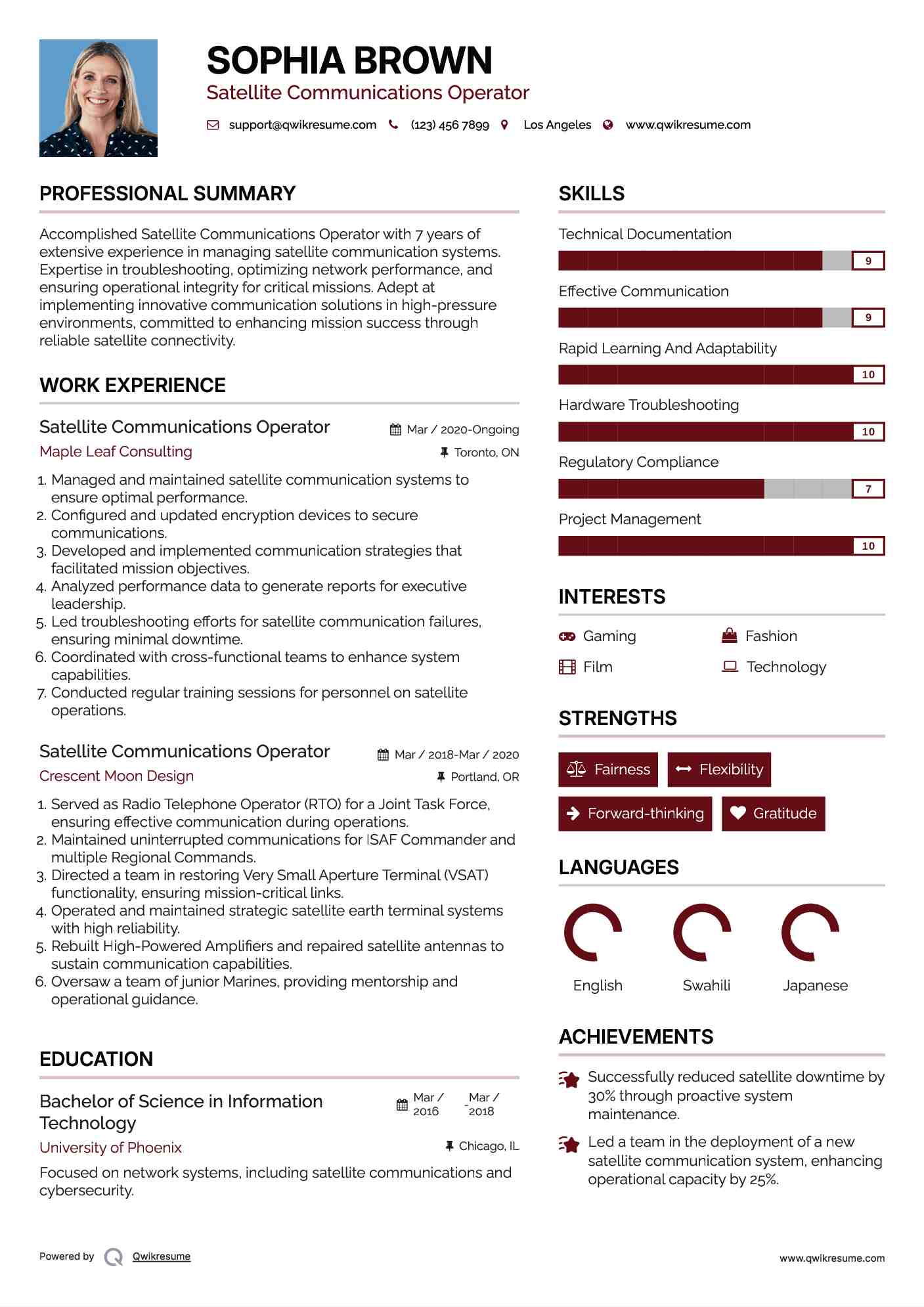 Satellite Communications Operator Resume Example
