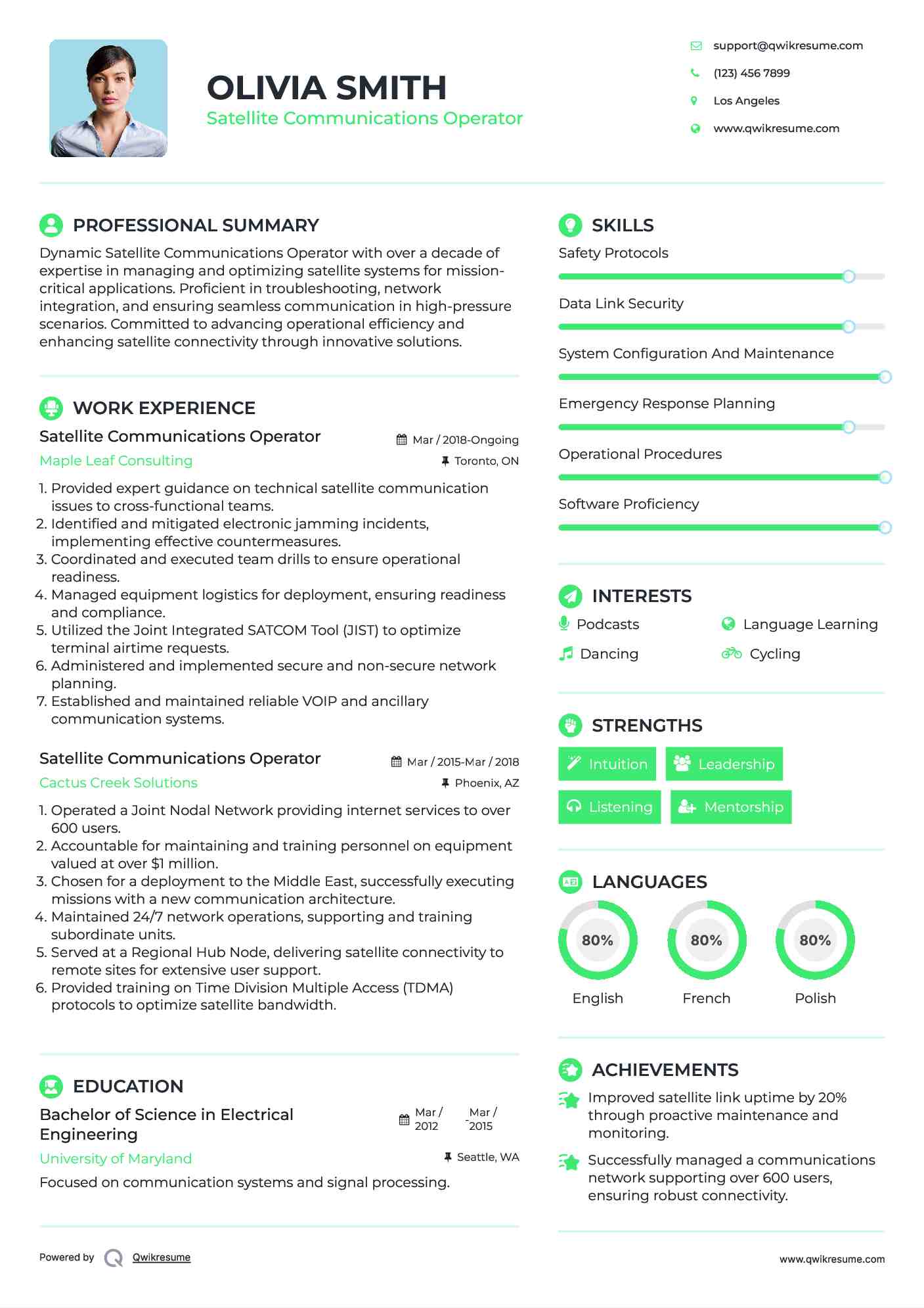 Satellite Communications Operator Resume Sample