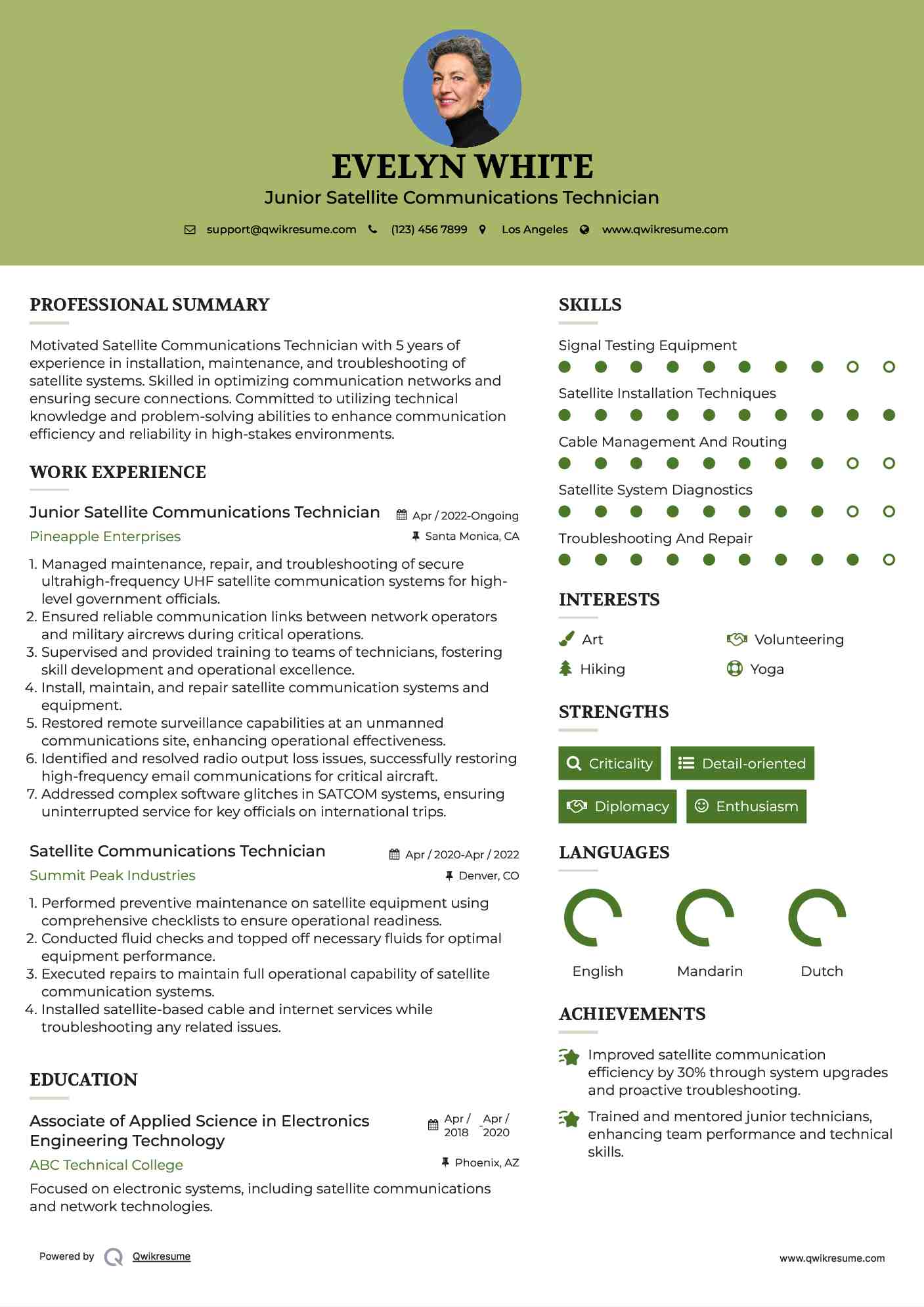 Junior Satellite Communications Technician Resume Model