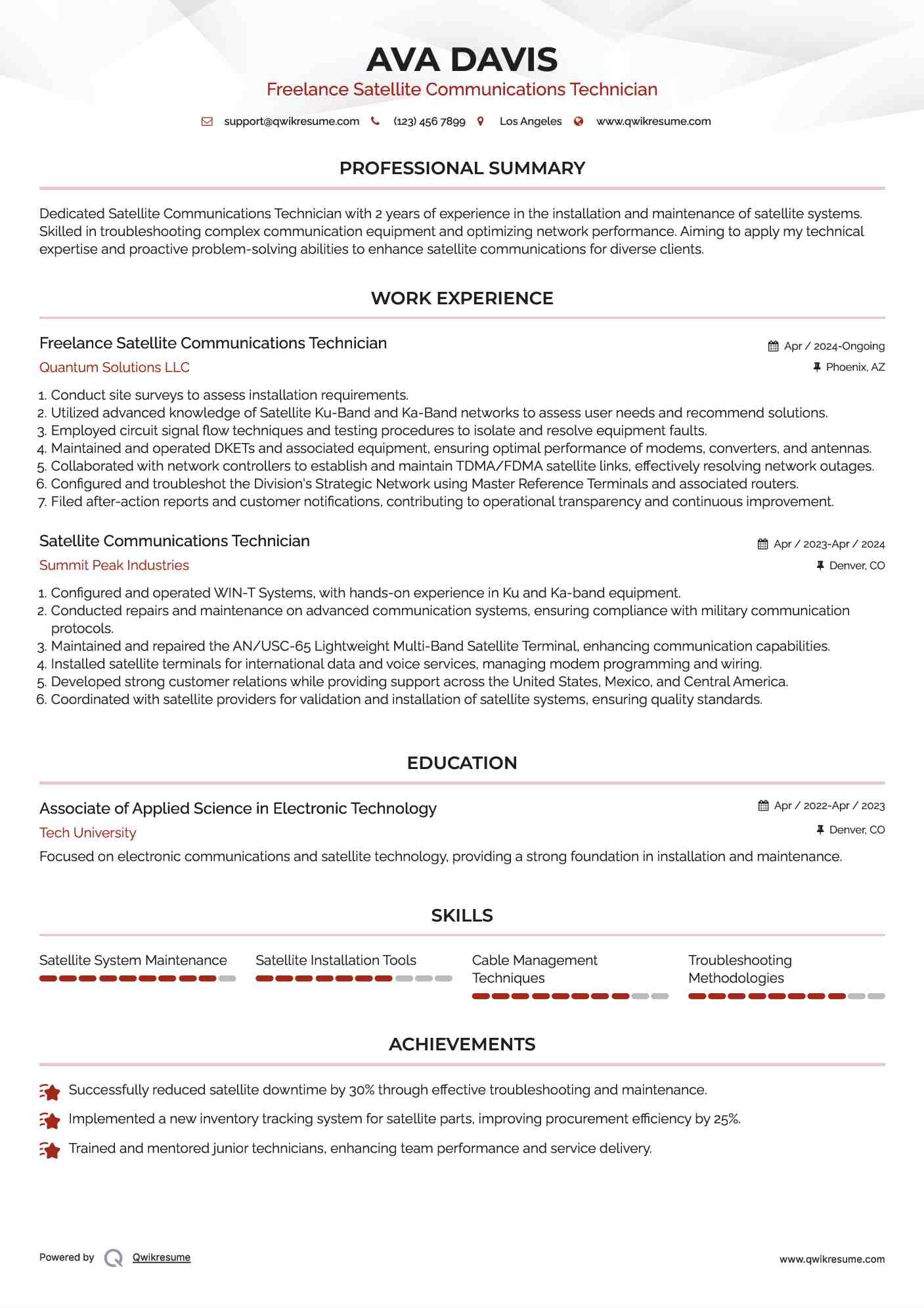 Freelance Satellite Communications Technician Resume Sample