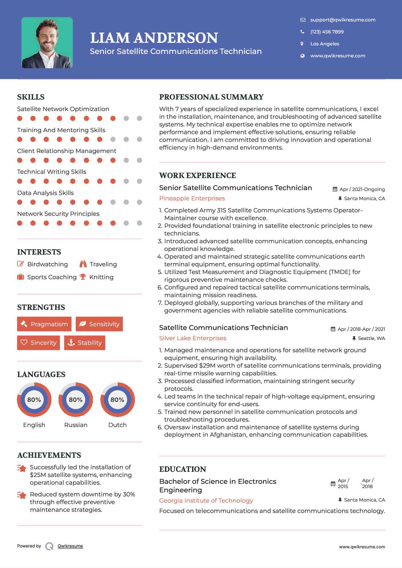 Senior Satellite Communications Technician Resume Example