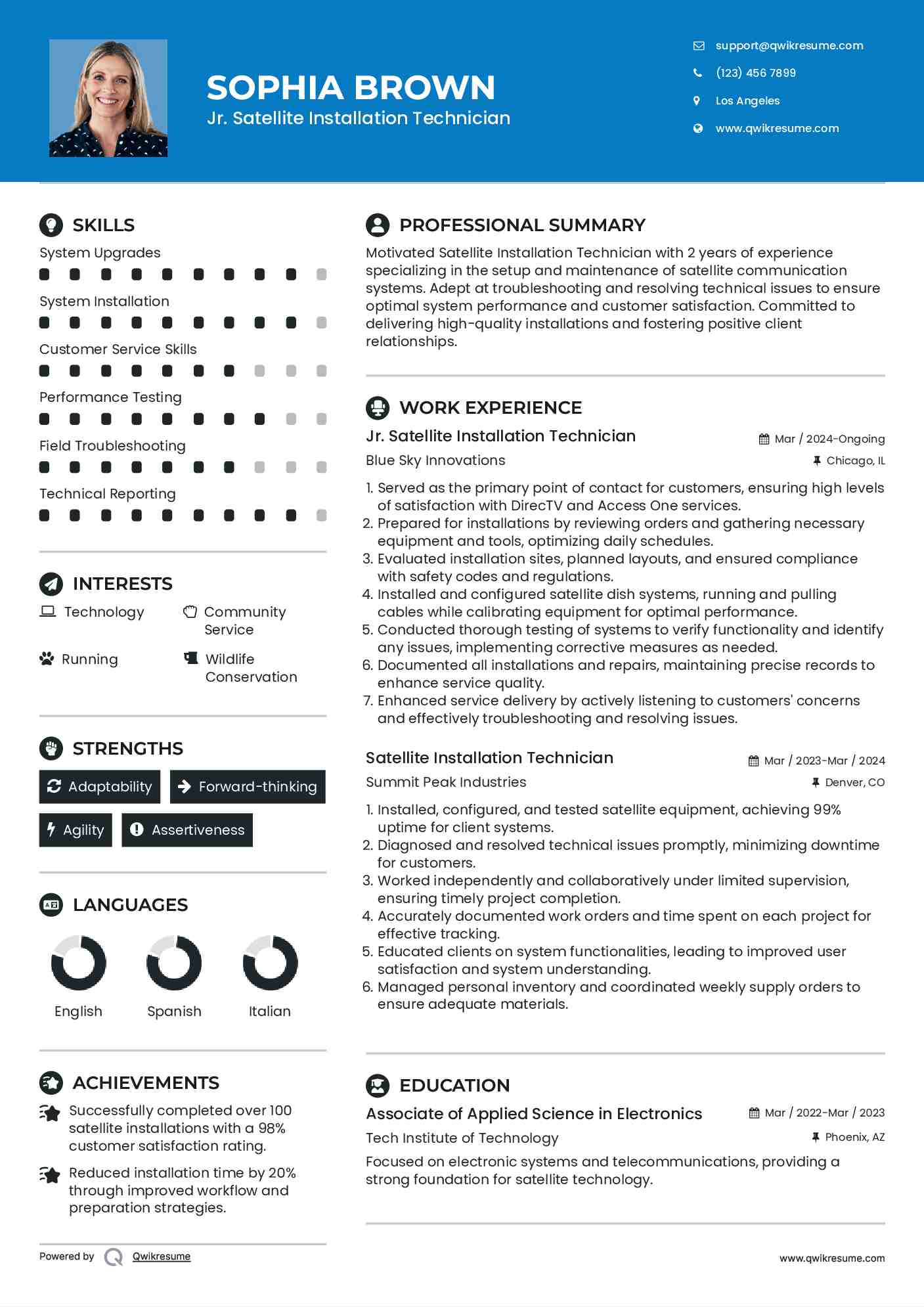 Jr. Satellite Installation Technician Resume Sample