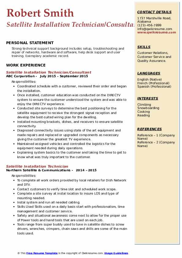 Satellite Installation Technician Resume Samples QwikResume
