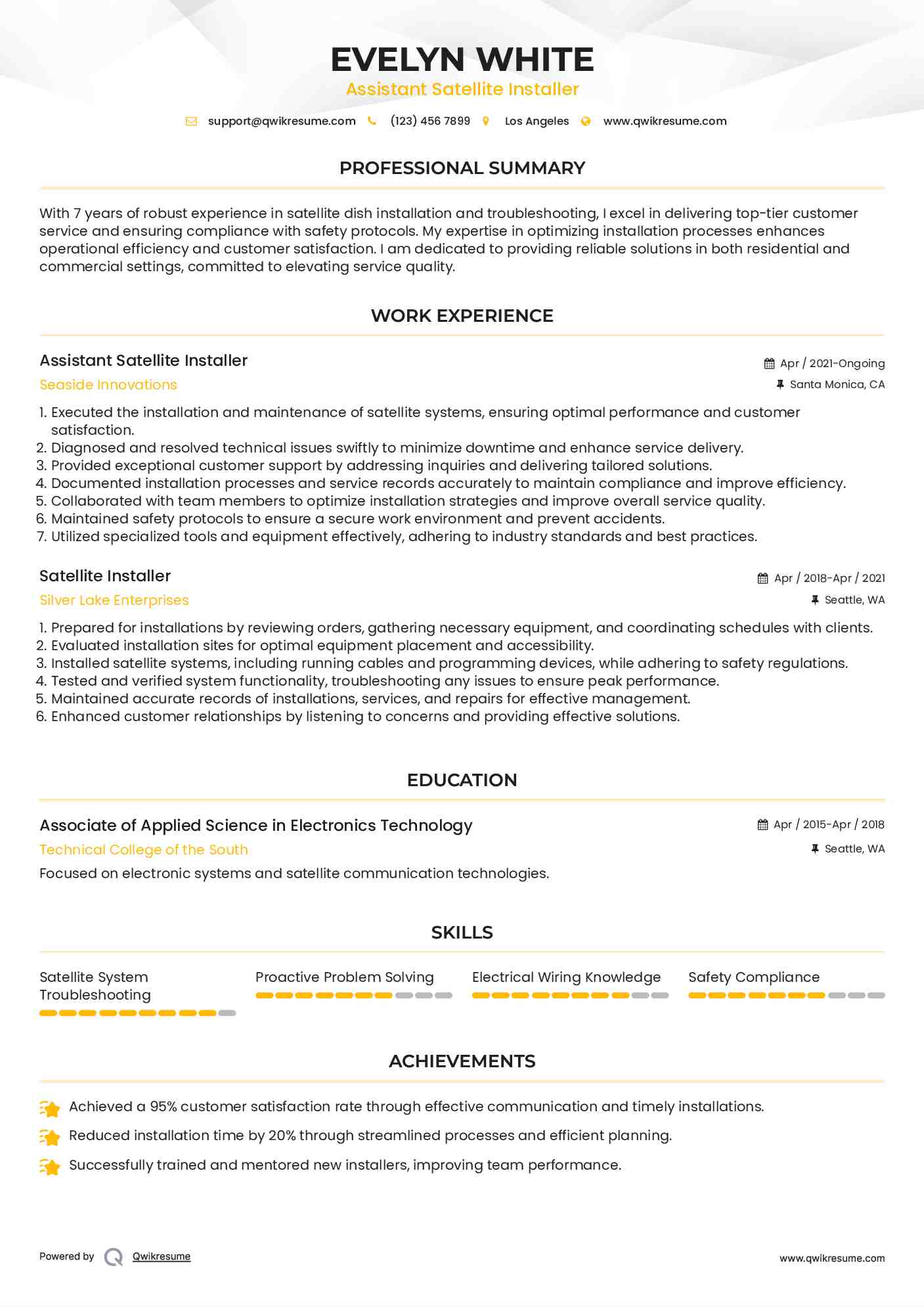 Assistant Satellite Installer Resume Format