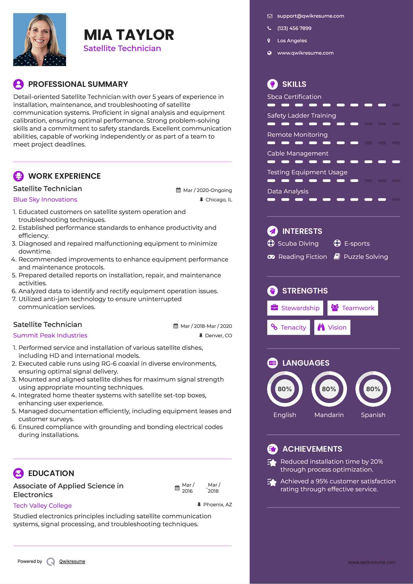 Satellite Technician Resume Sample