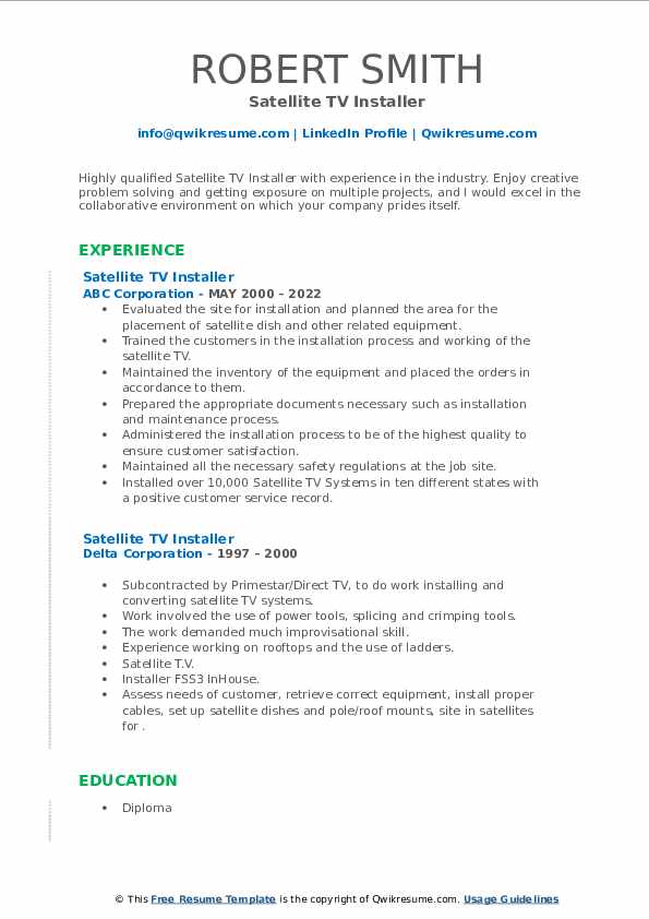 Satellite TV Installer Resume Samples QwikResume