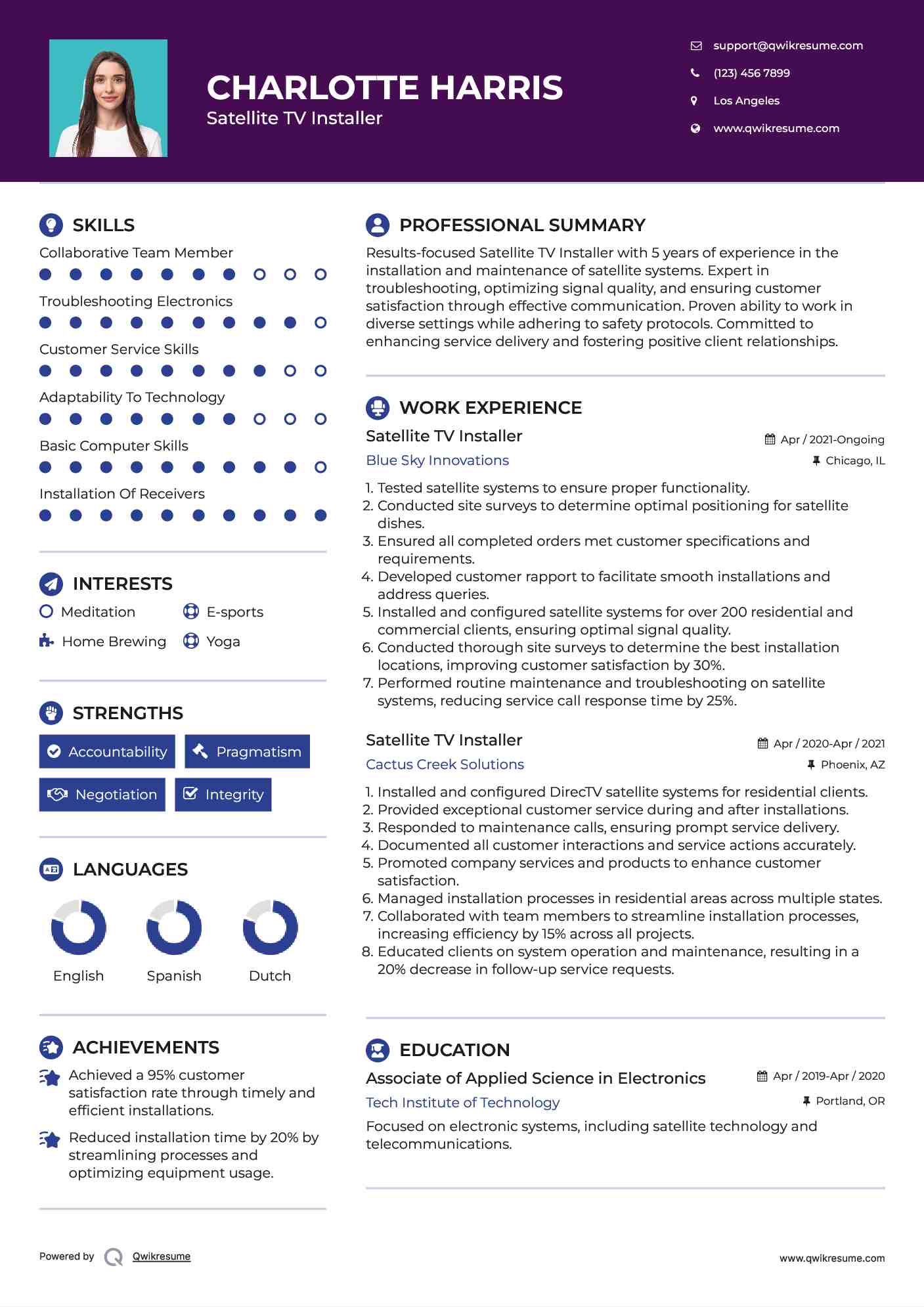 Satellite TV Installer Resume Sample